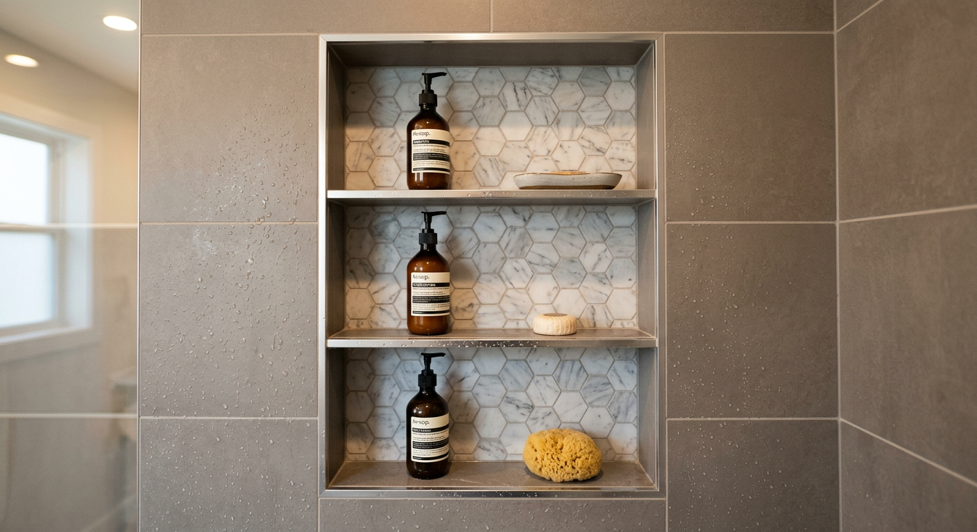 Custom shower niche with hexagonal marble tile detail