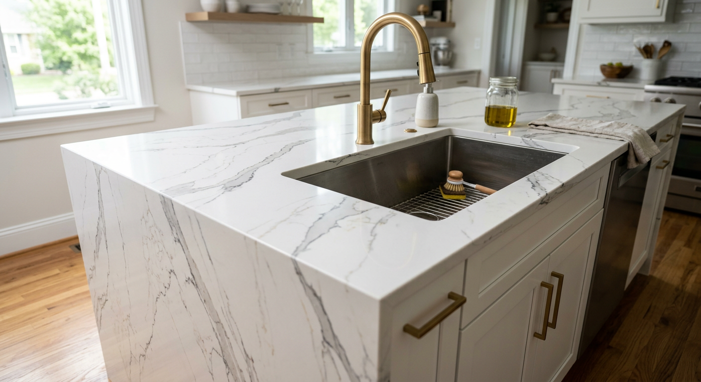 Marble waterfall countertop with brass fixtures — detail craftsmanship