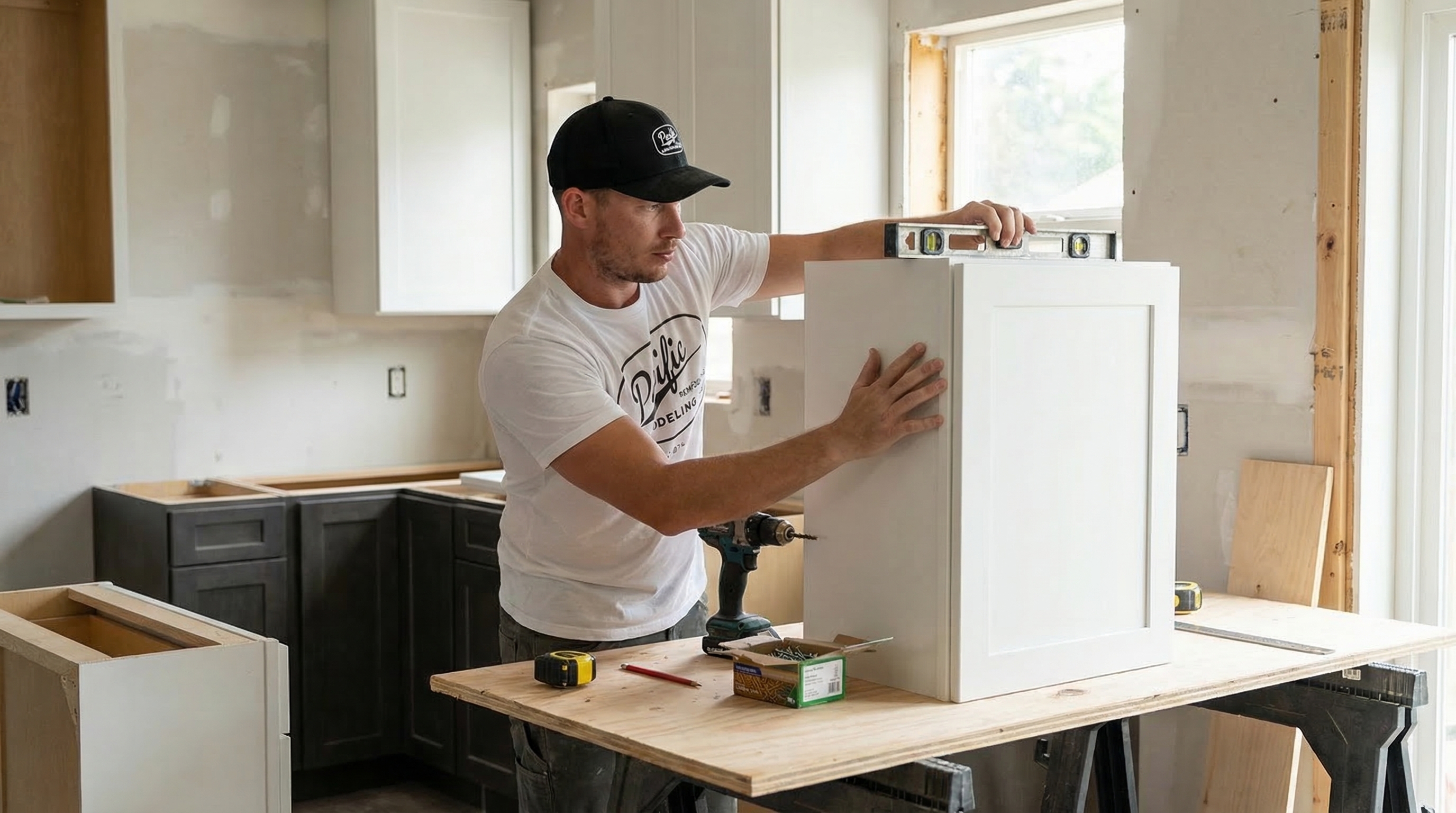Brad Zemke installing kitchen cabinets with a level during a Puyallup remodel