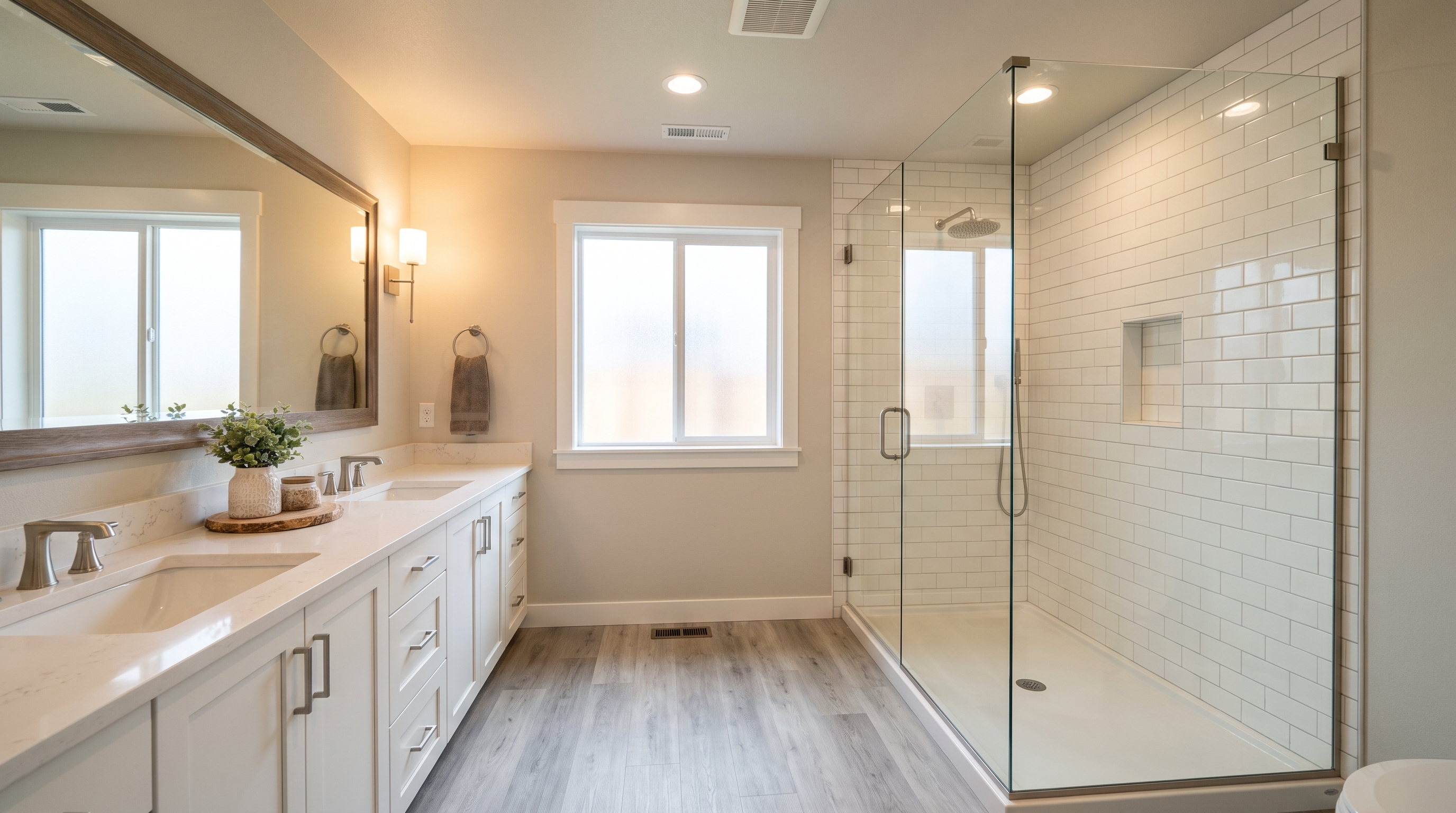 Master bathroom with double vanity and frameless glass walk-in shower layout