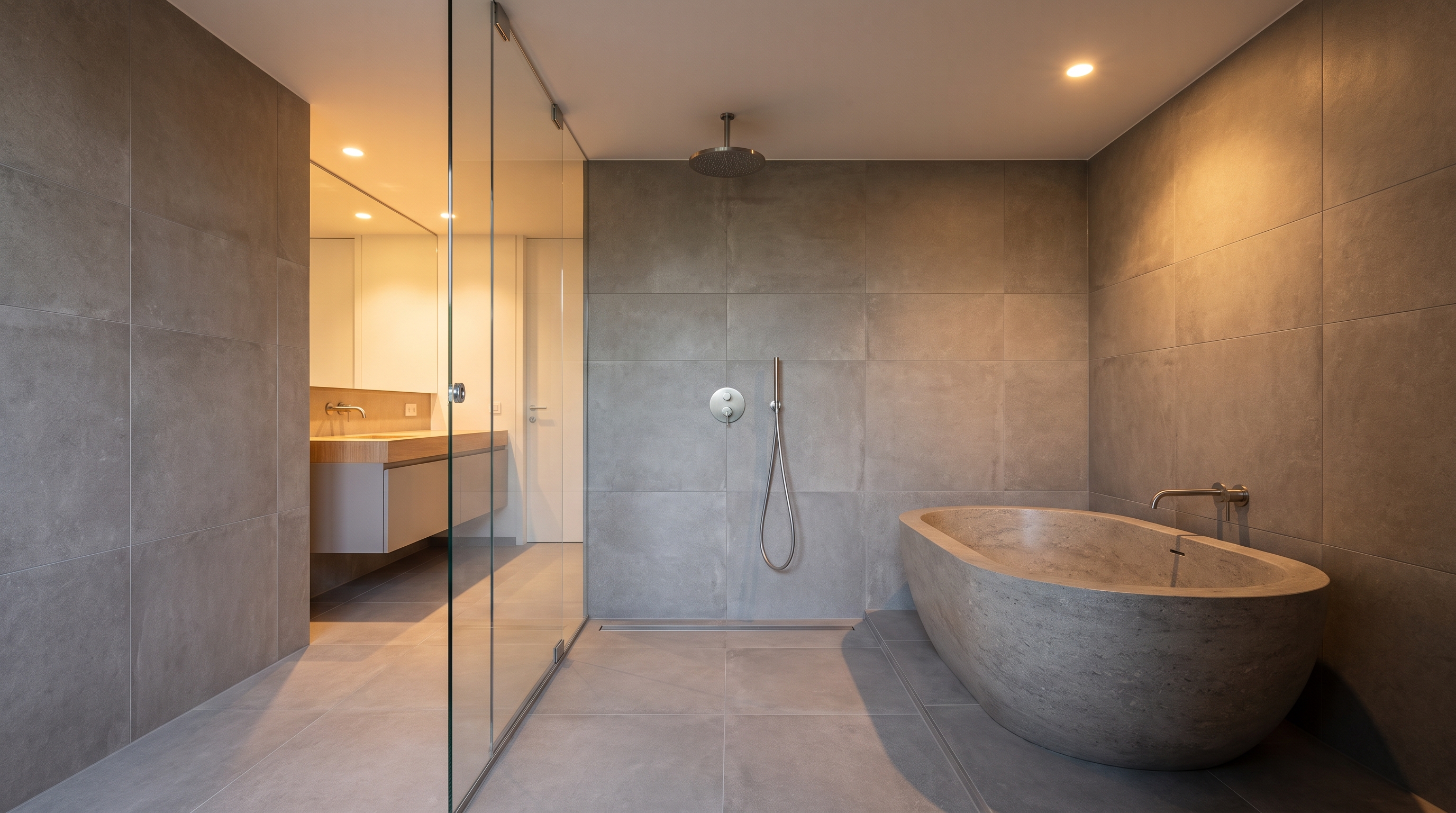 Wet room bathroom layout with tub and shower in one tiled waterproofed zone