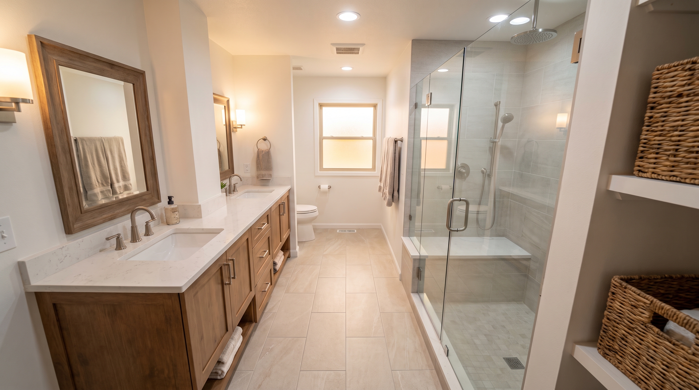 Narrow galley bathroom layout with vanity and walk-in shower on opposite walls