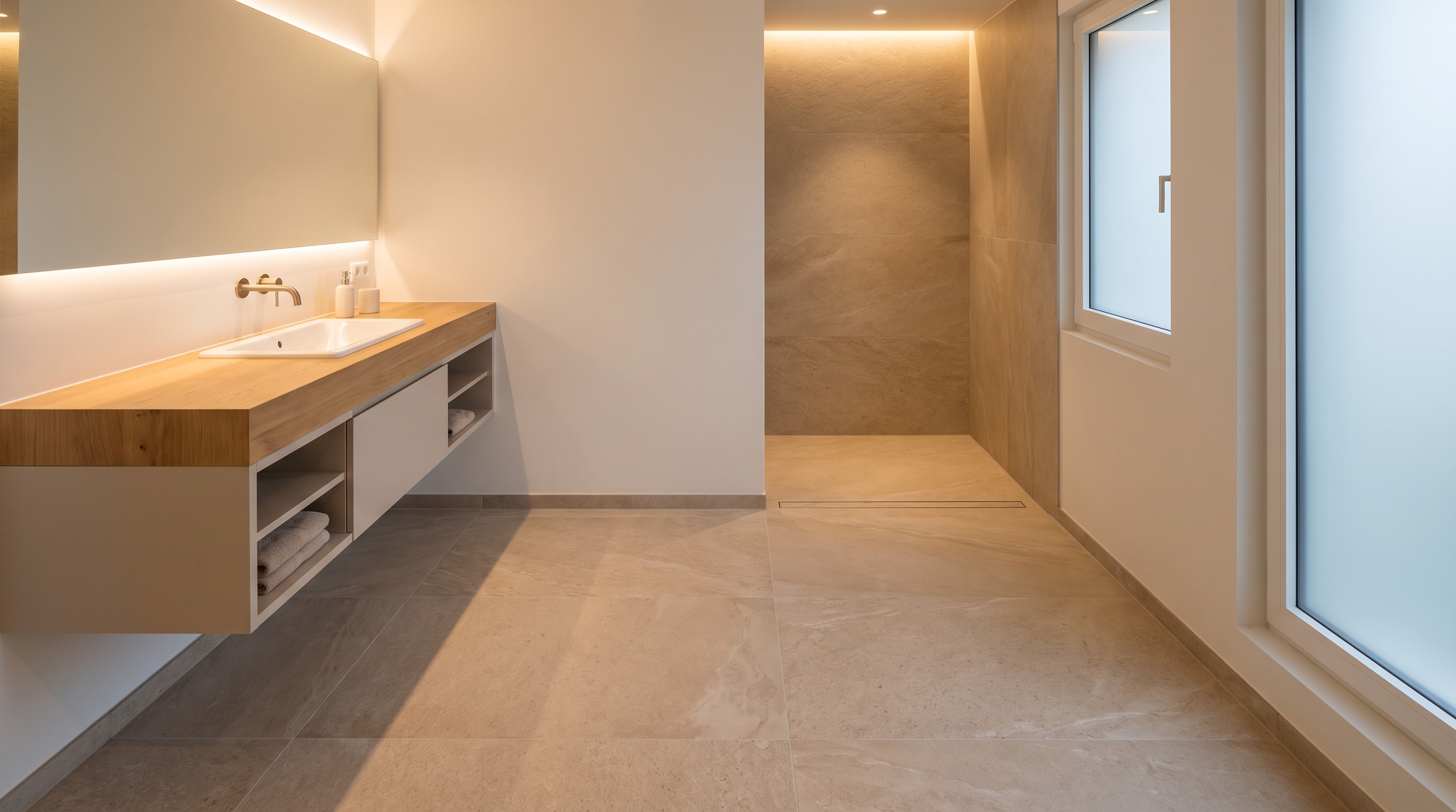 Curbless walk-in shower with floating vanity and seamless flat tile floor