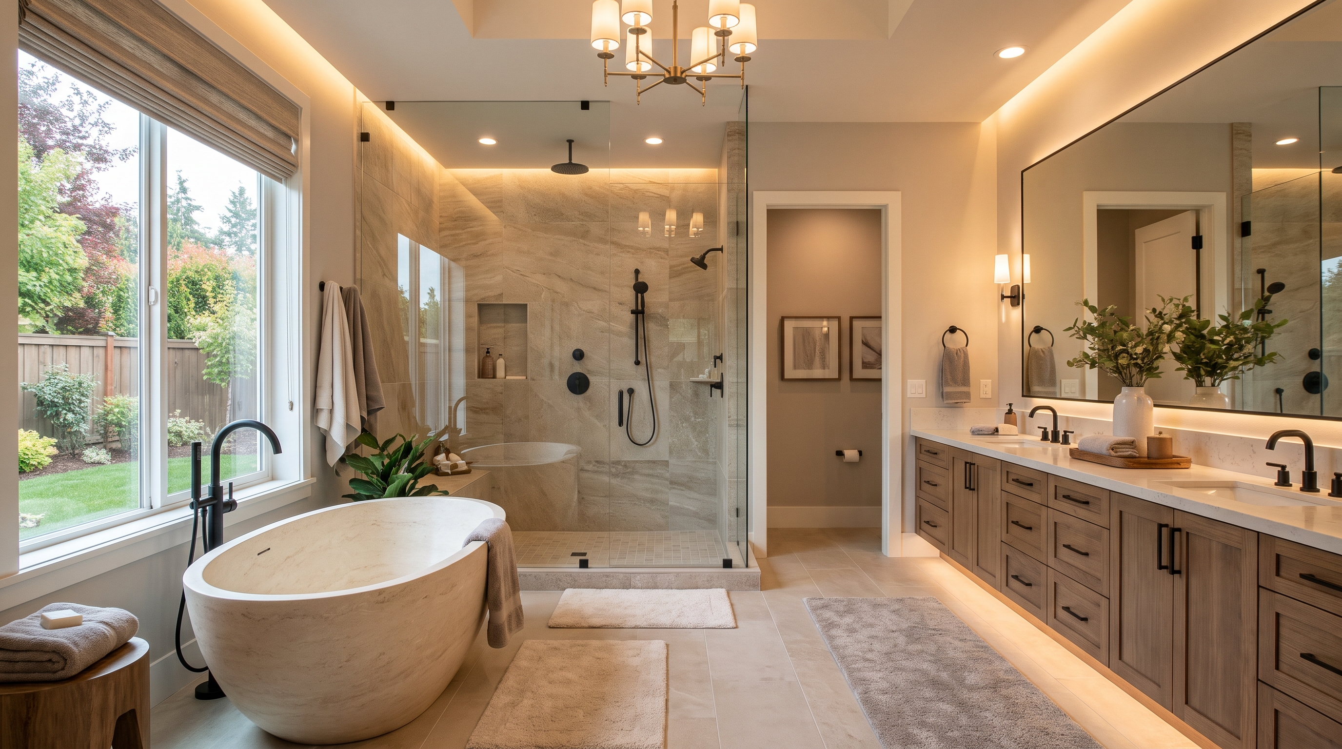 Master bathroom with freestanding soaking tub and separate walk-in shower