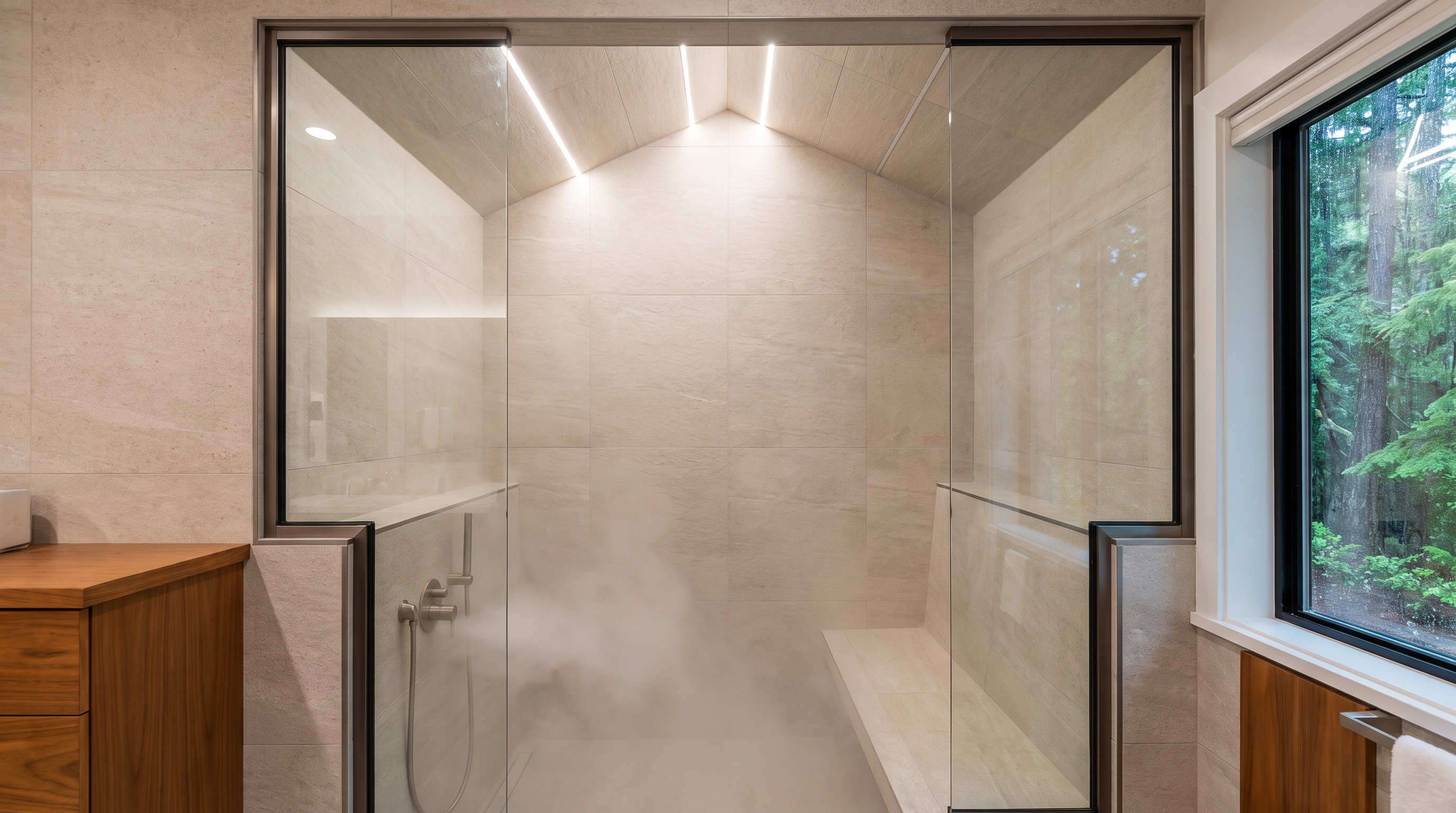 Sealed frameless glass steam shower with sloped tiled ceiling and built-in tile bench seat