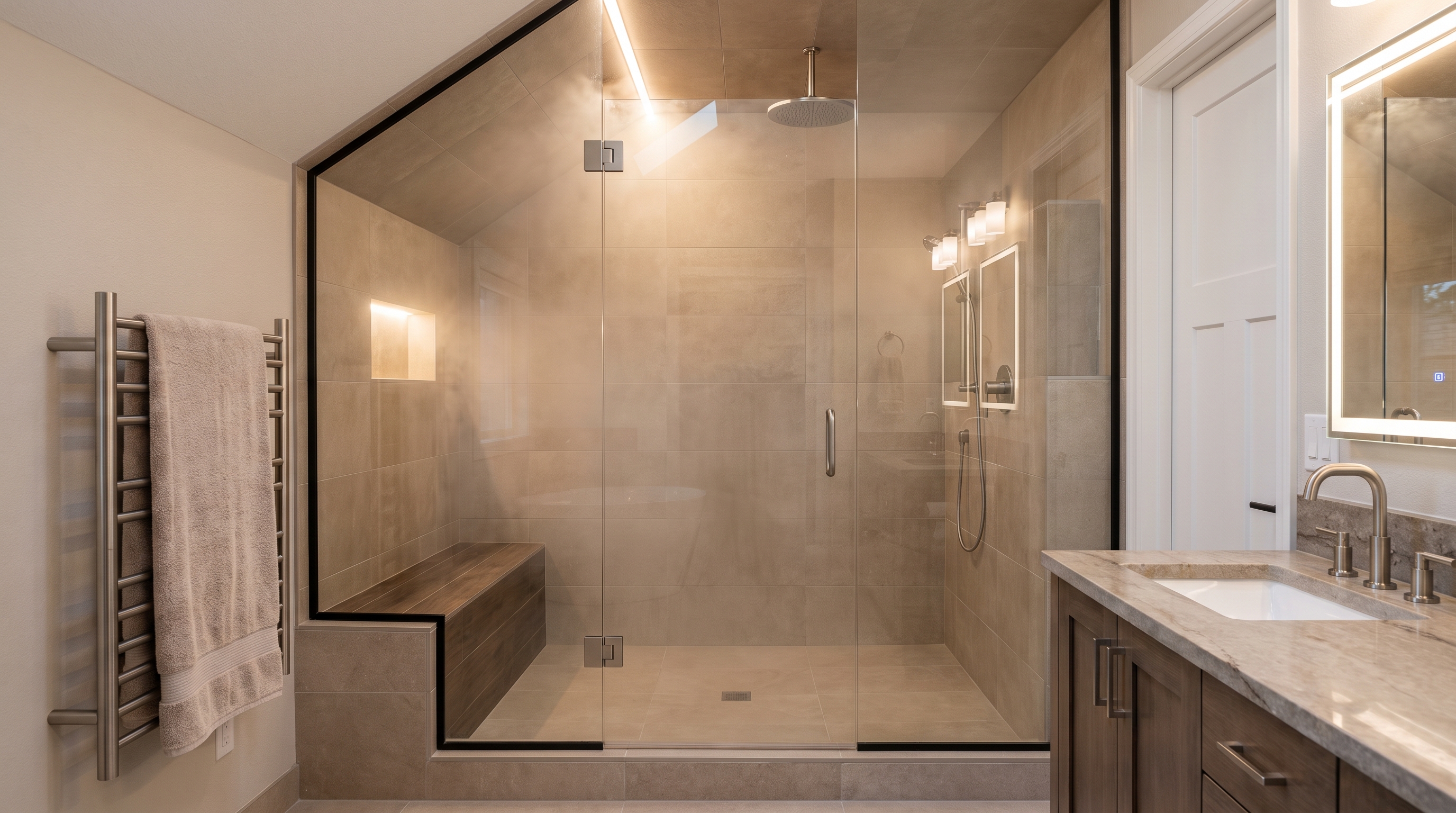 Bonney Lake primary bathroom steam shower with frameless glass, tile bench, and rain head