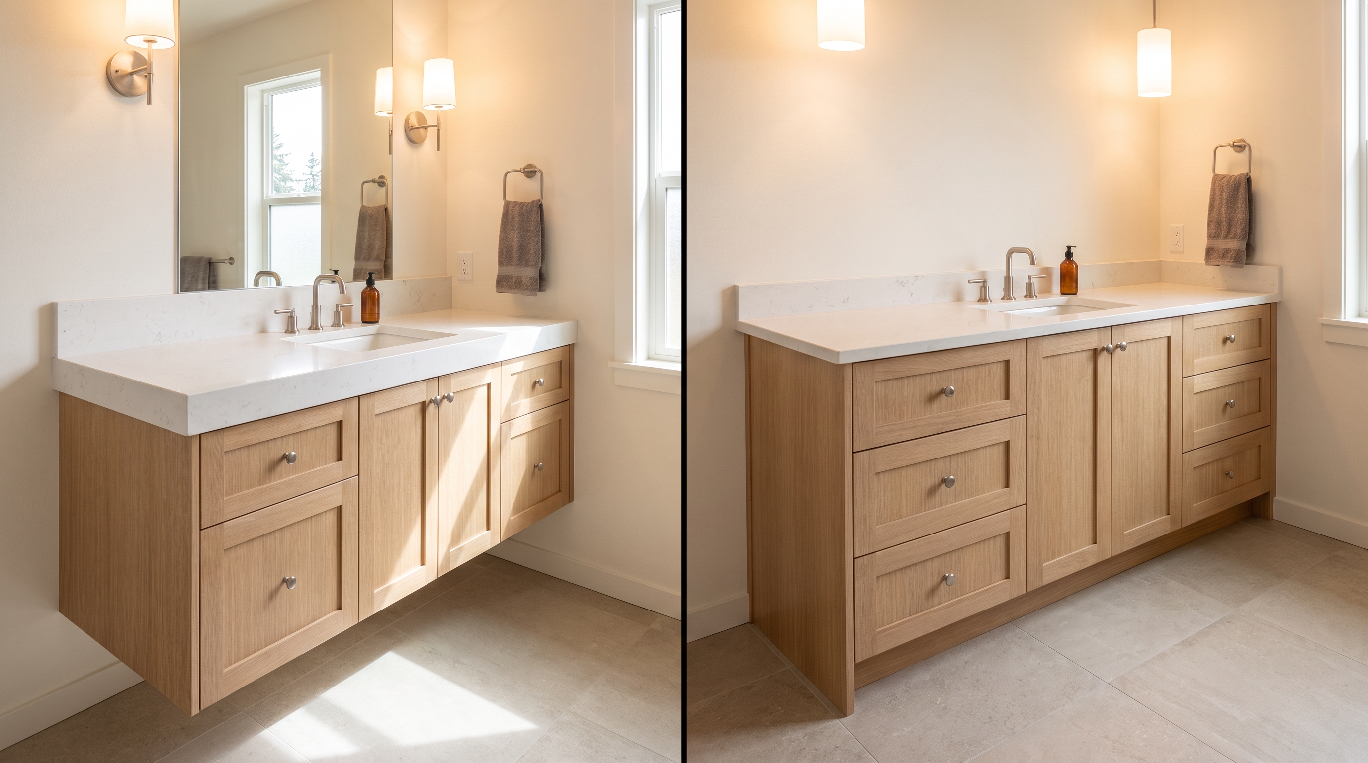 Comparison of floating wall-mounted vanity versus floor-mount vanity in a small bathroom