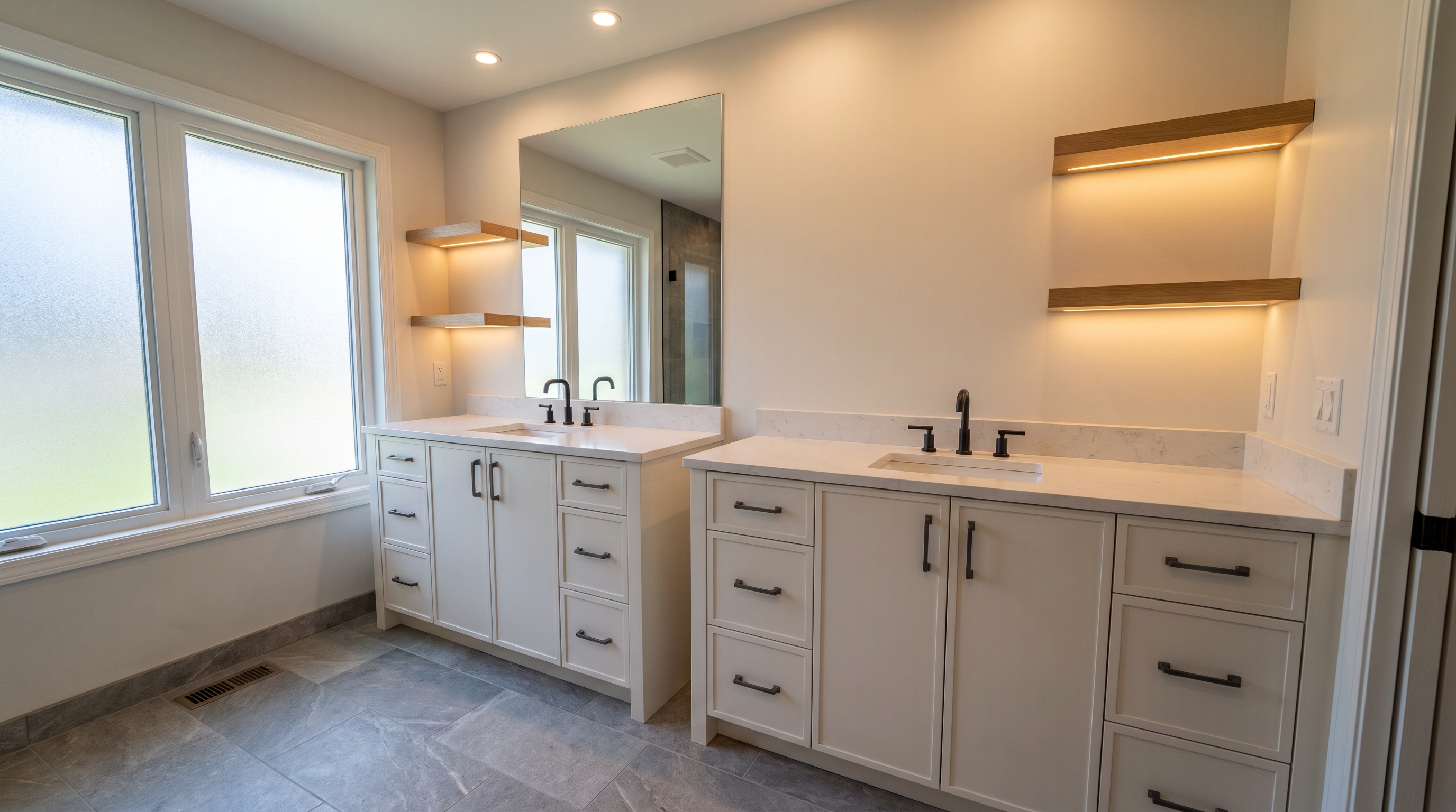 His-and-hers double vanity with two separate warm white cabinets and quartz tops in Bonney Lake