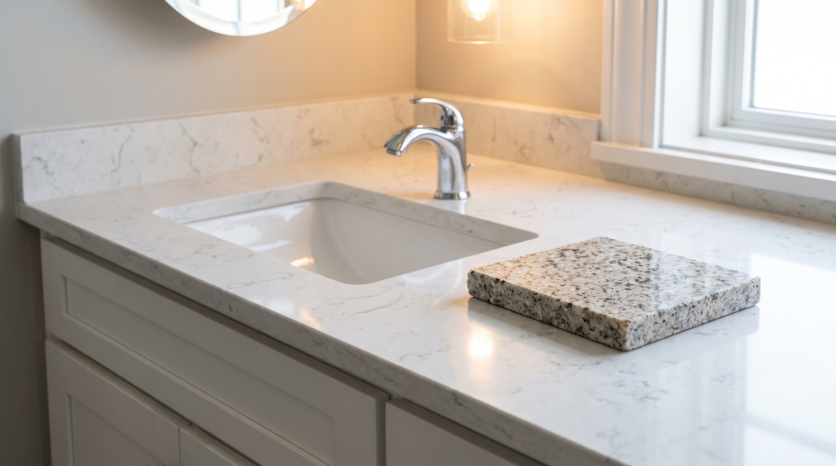 Close-up of polished quartz bathroom vanity countertop with veining next to granite sample