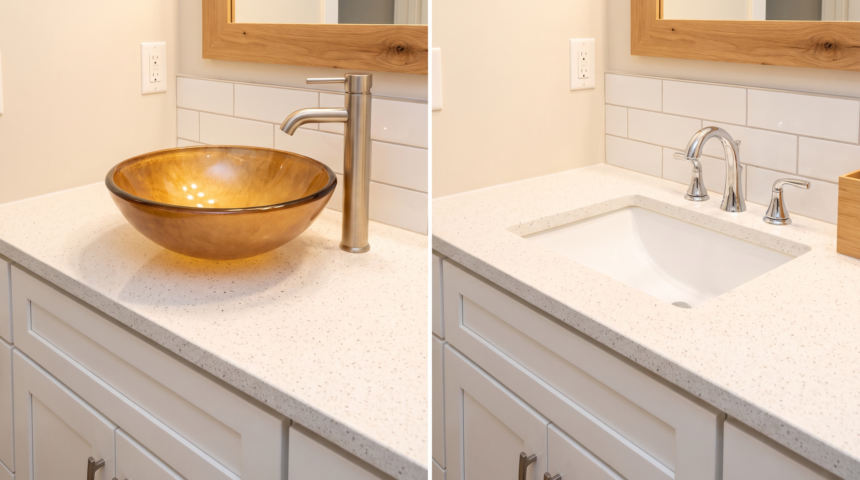 Vessel sink versus undermount porcelain sink styles compared on matching bathroom vanities