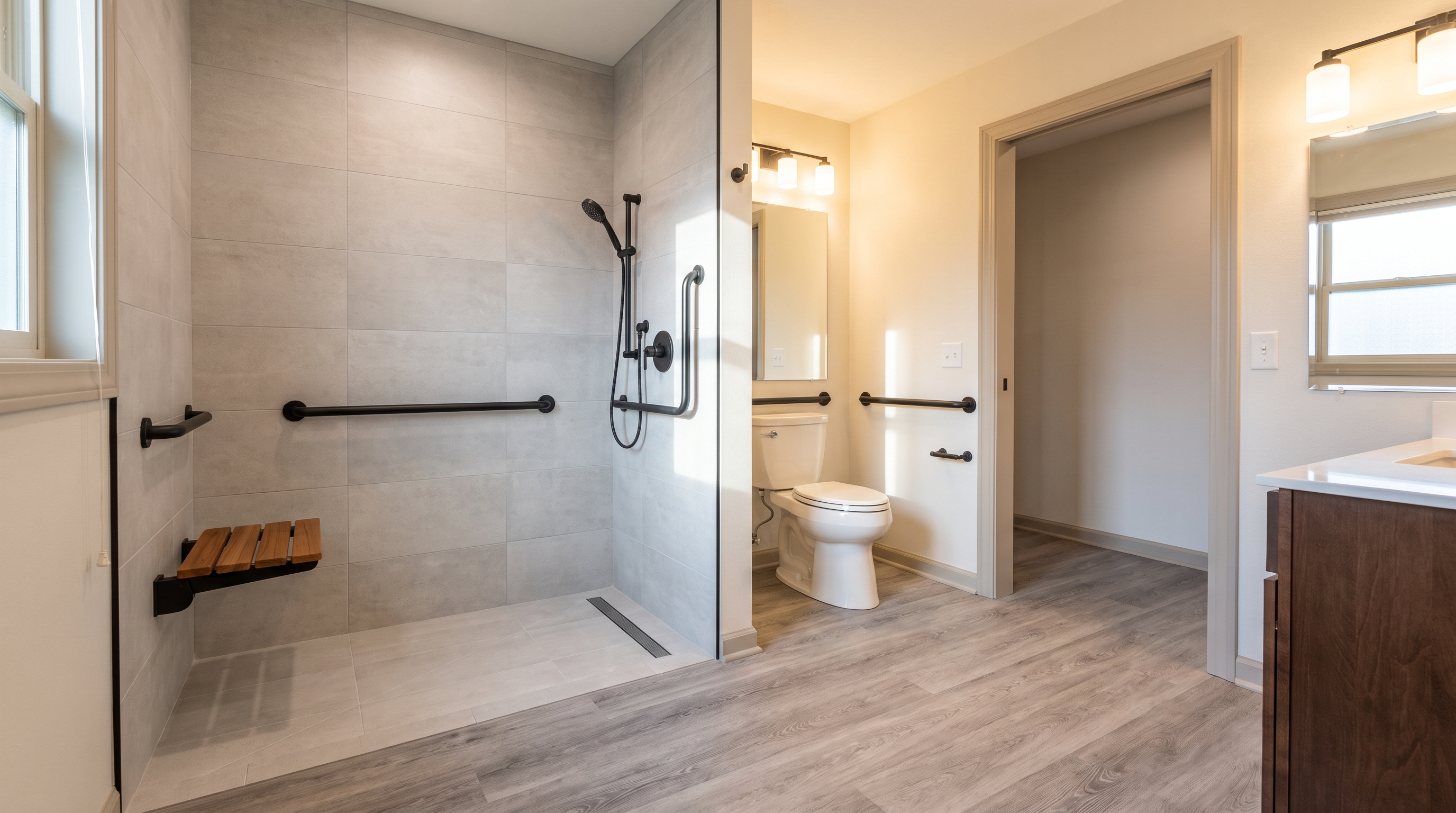 Accessible bathroom remodel with curbless shower, matte-black grab bars, and comfort-height toilet