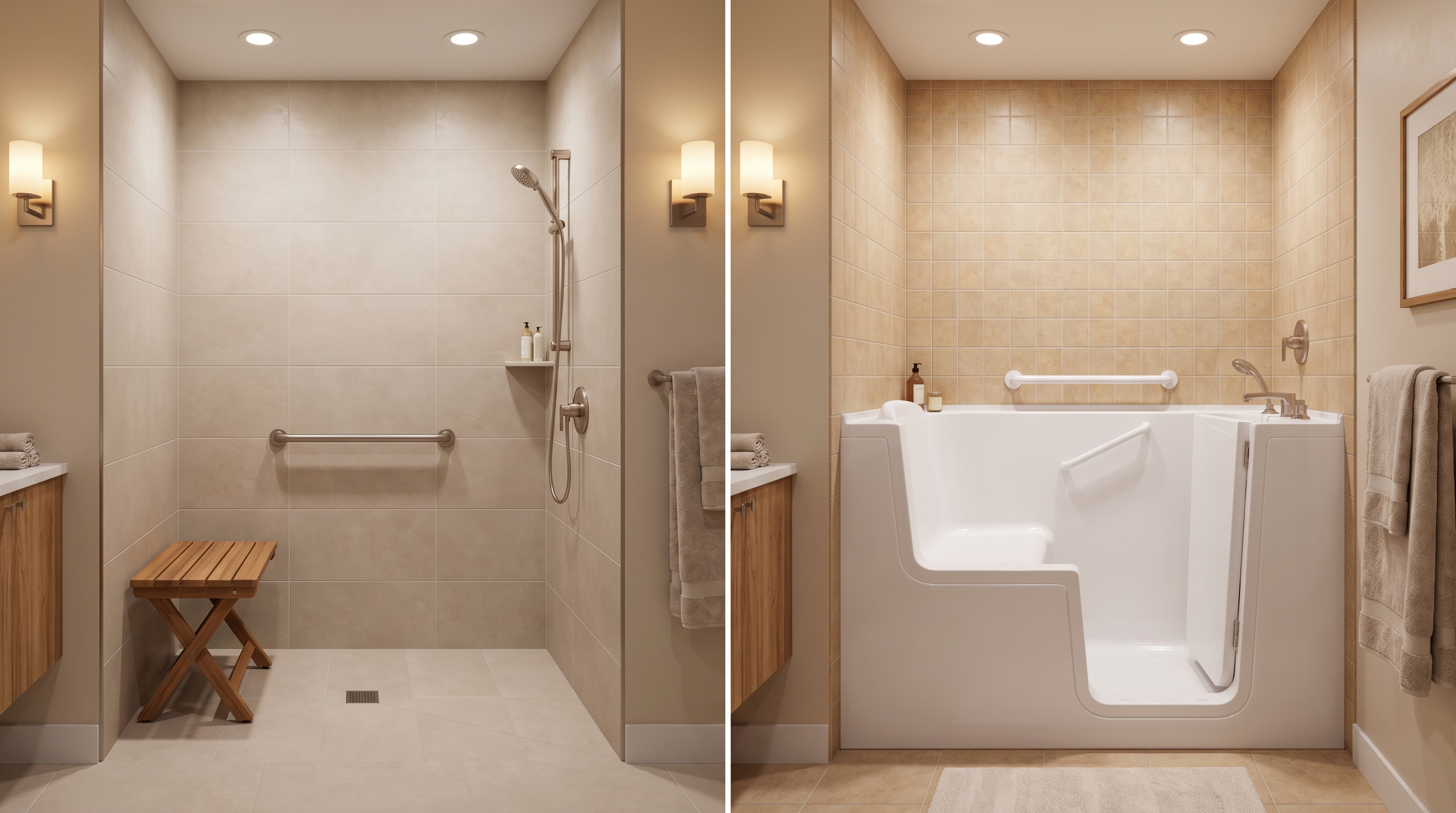 Curbless walk-in shower compared side by side with a traditional walk-in tub for seniors