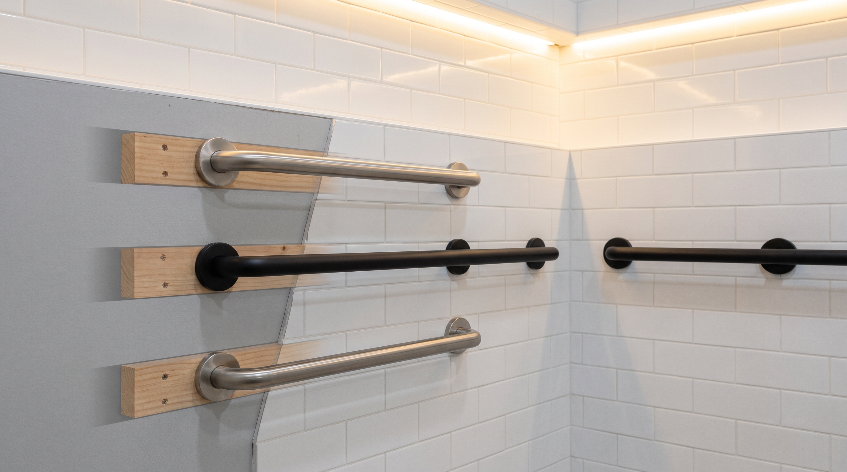 Grab bars in matte black and brushed nickel finishes mounted on tile with wall blocking behind