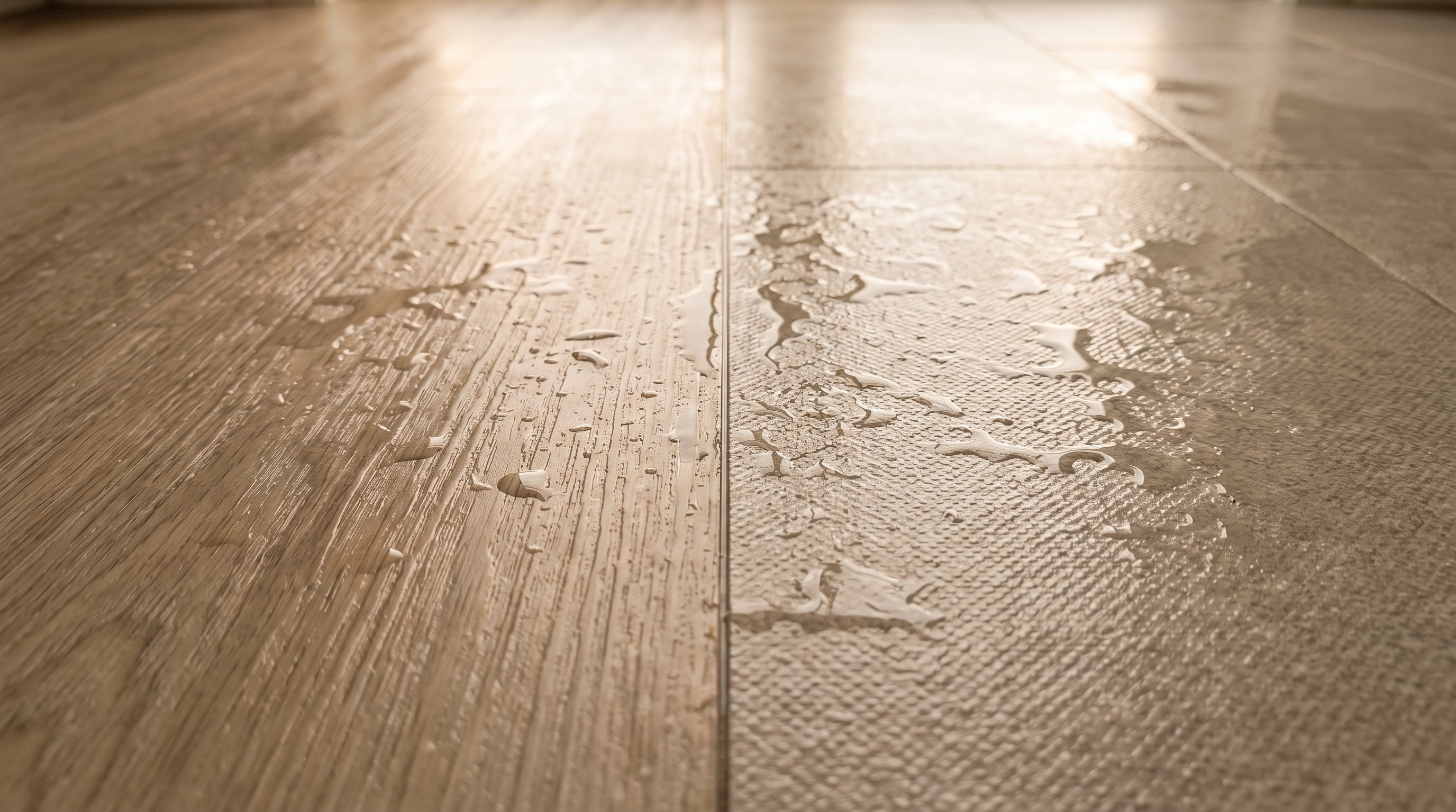 Textured slip-resistant luxury vinyl plank flooring compared to matte porcelain tile in a bathroom