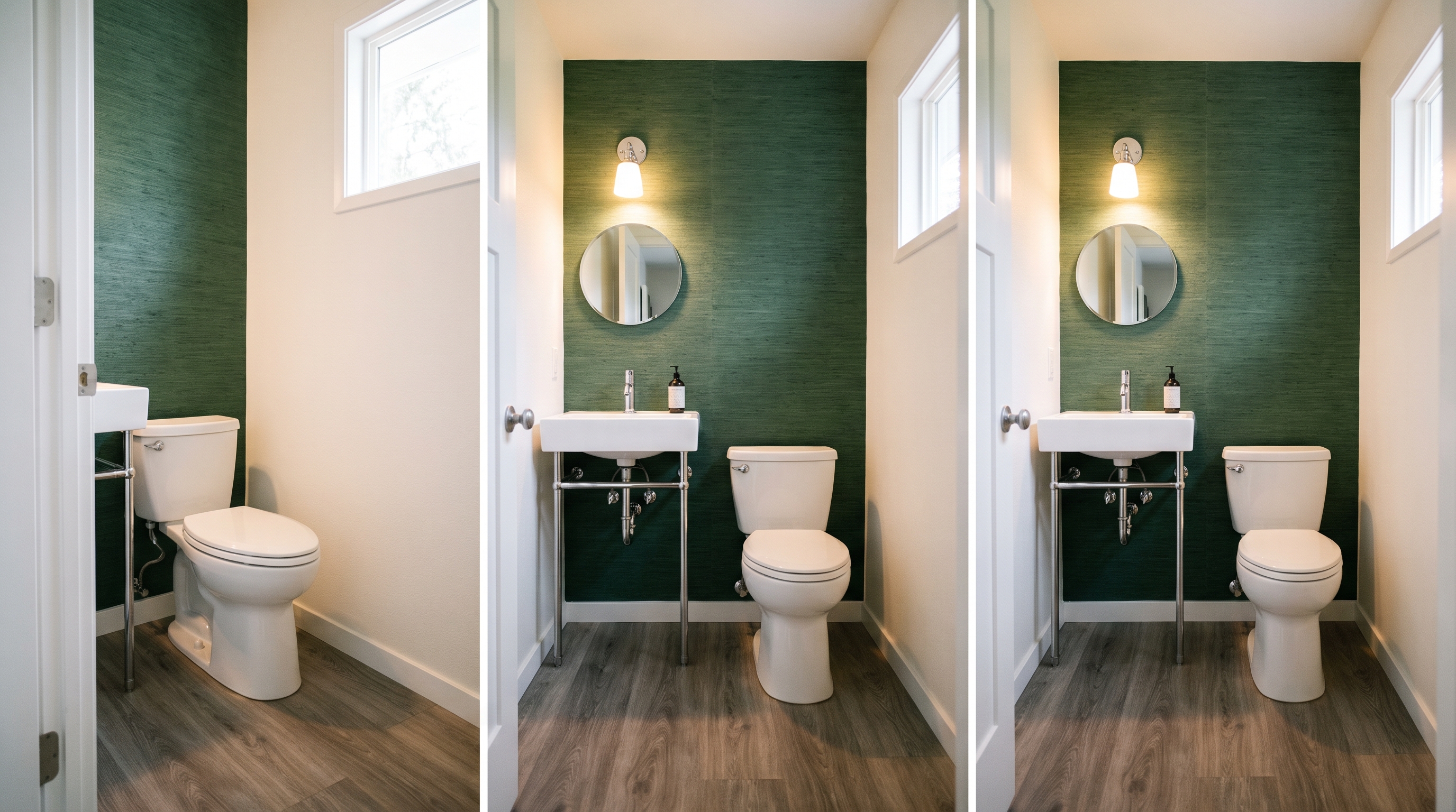 Converted closet half bath with console sink, LVP flooring, and grasscloth wallpaper accent wall