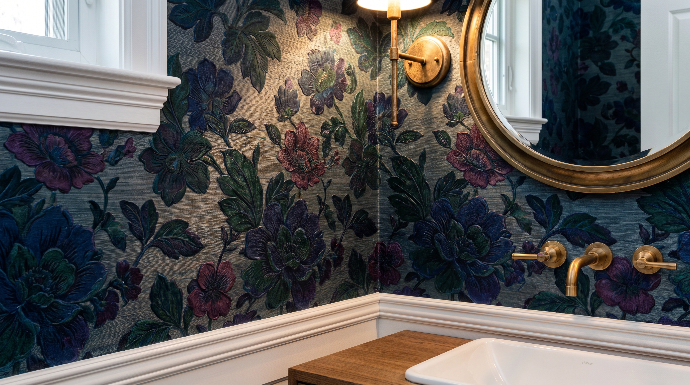 Bold designer wallpaper accent wall in a small Puyallup powder room with brass mirror