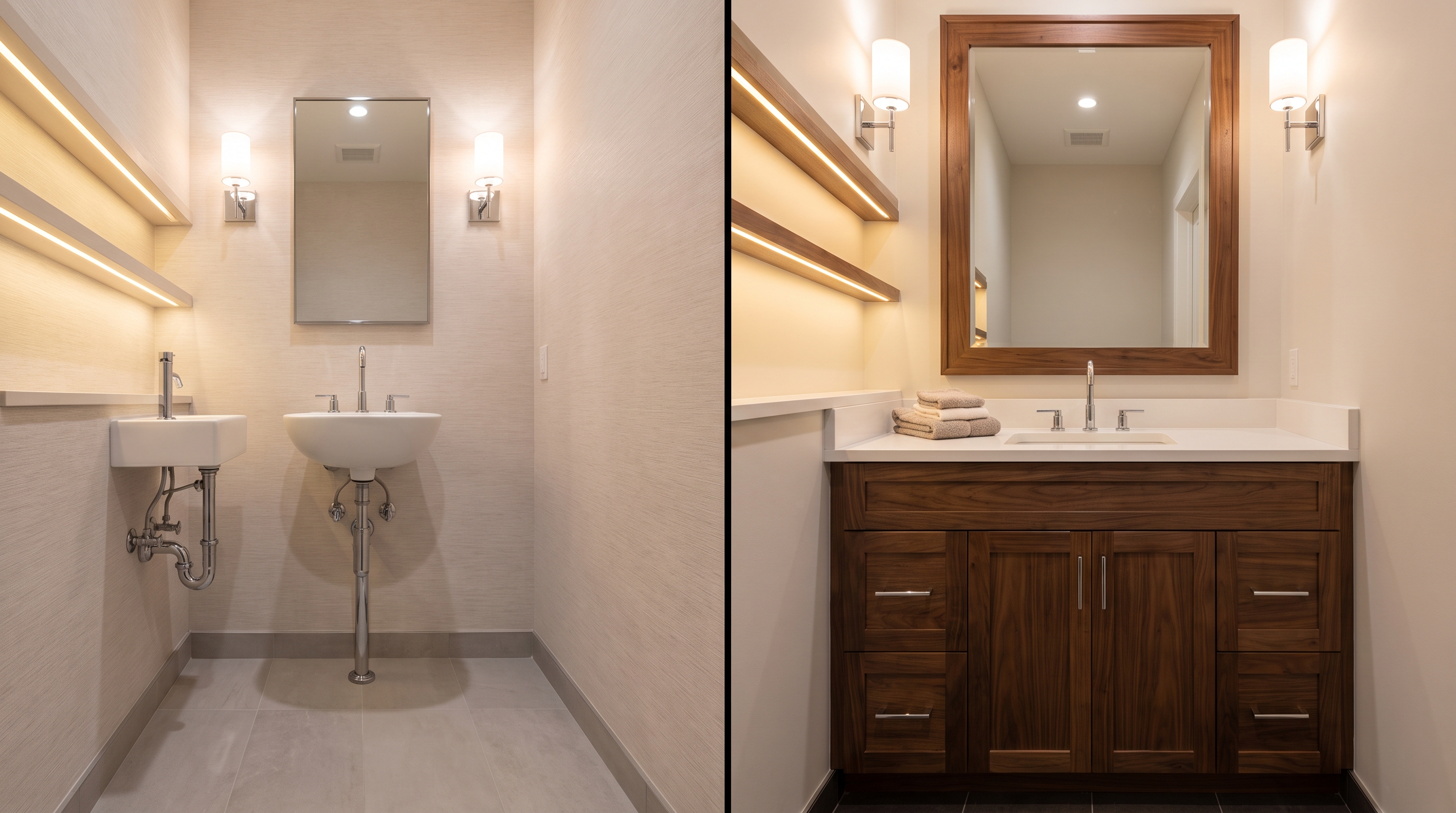 Pedestal sink versus bulky vanity cabinet comparison in a small powder room