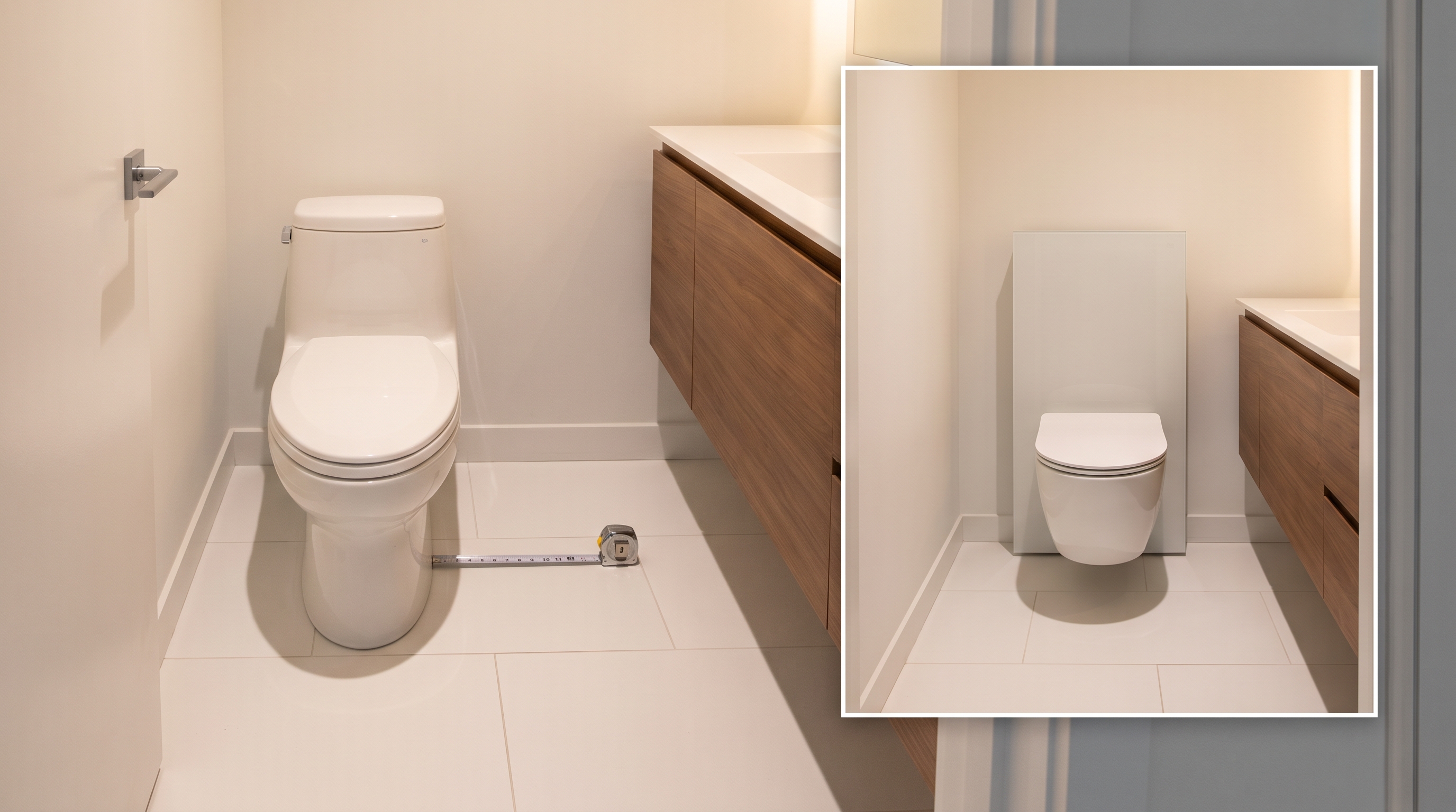 Compact-elongated toilet versus wall-hung toilet in a narrow Puyallup powder room