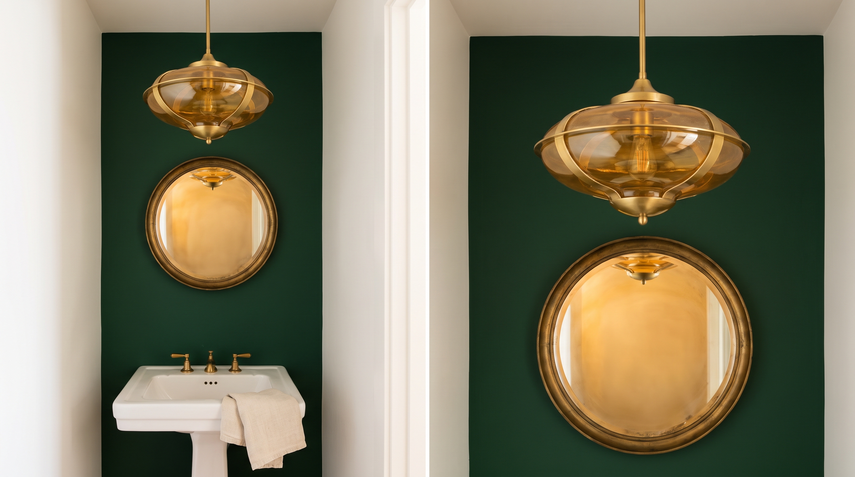 Statement brass sconce lighting as the focal point in a small powder room