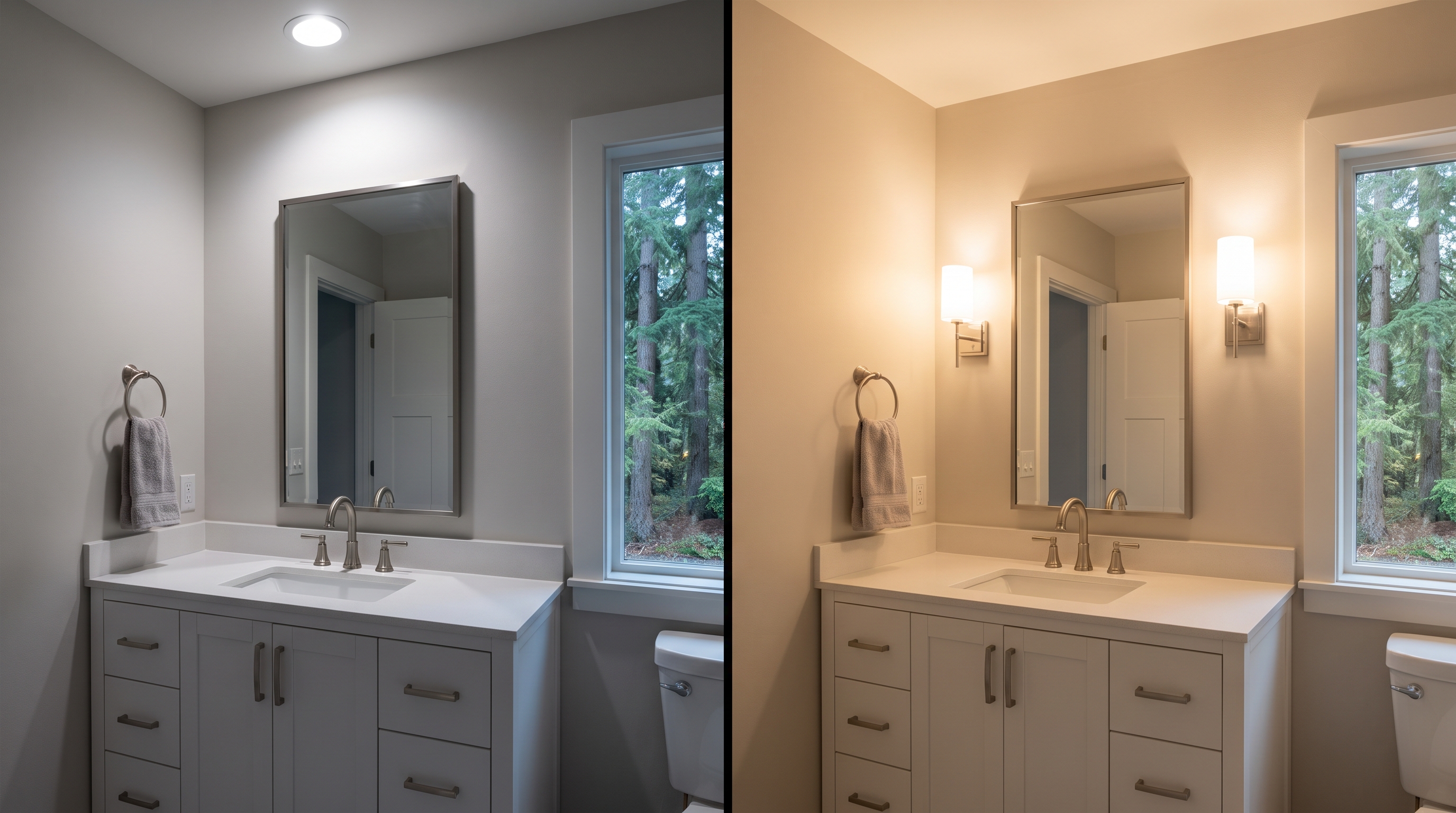 Comparison of overhead bathroom light causing facial shadows versus eye-level vanity sconces lighting evenly