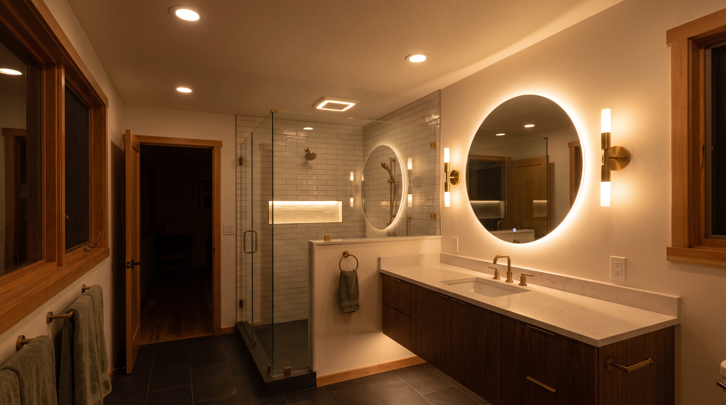 Remodeled South Hill bathroom with recessed cans, backlit mirror, and sconces replacing one old ceiling light