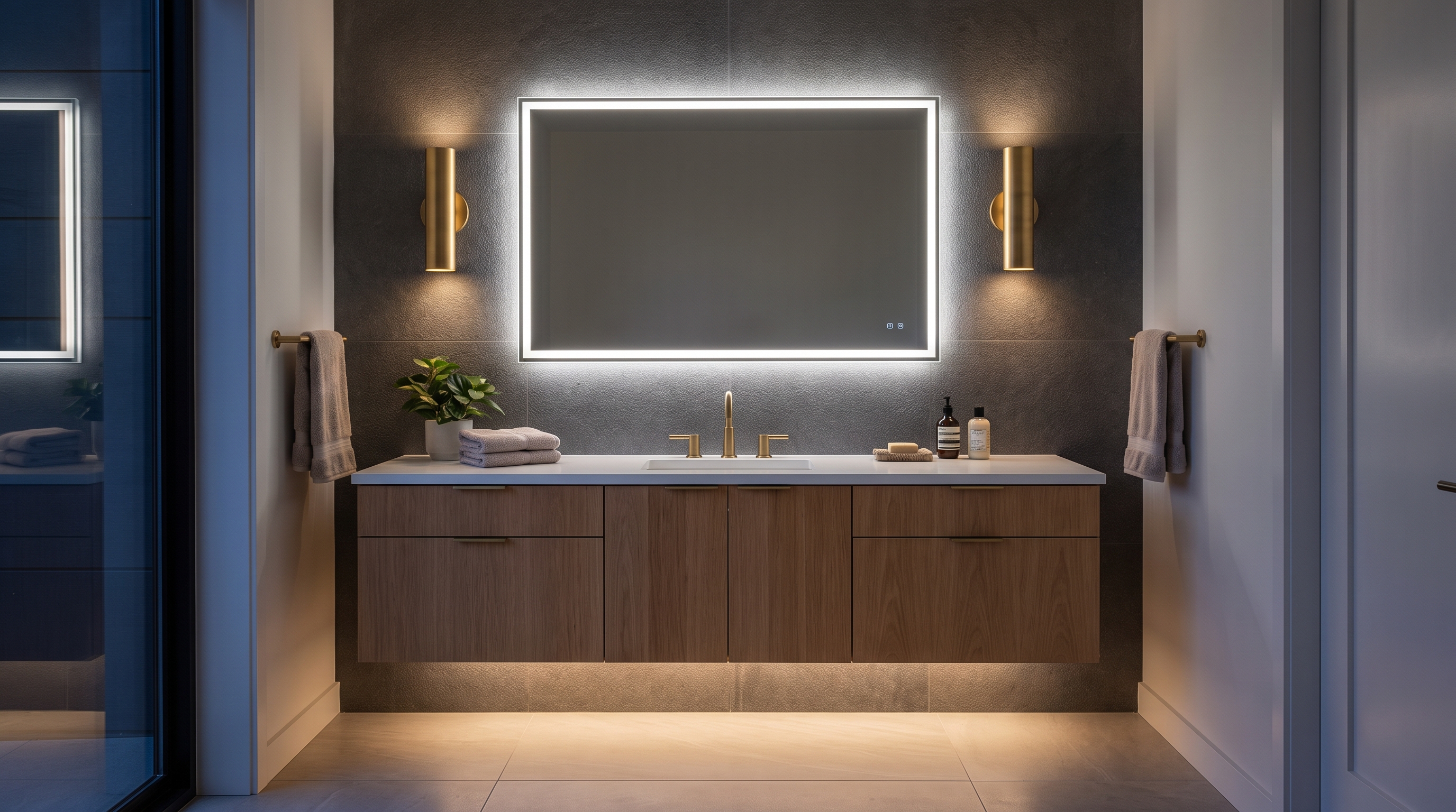 Backlit LED mirror and toe-kick accent lighting showcasing 2026 bathroom lighting trends