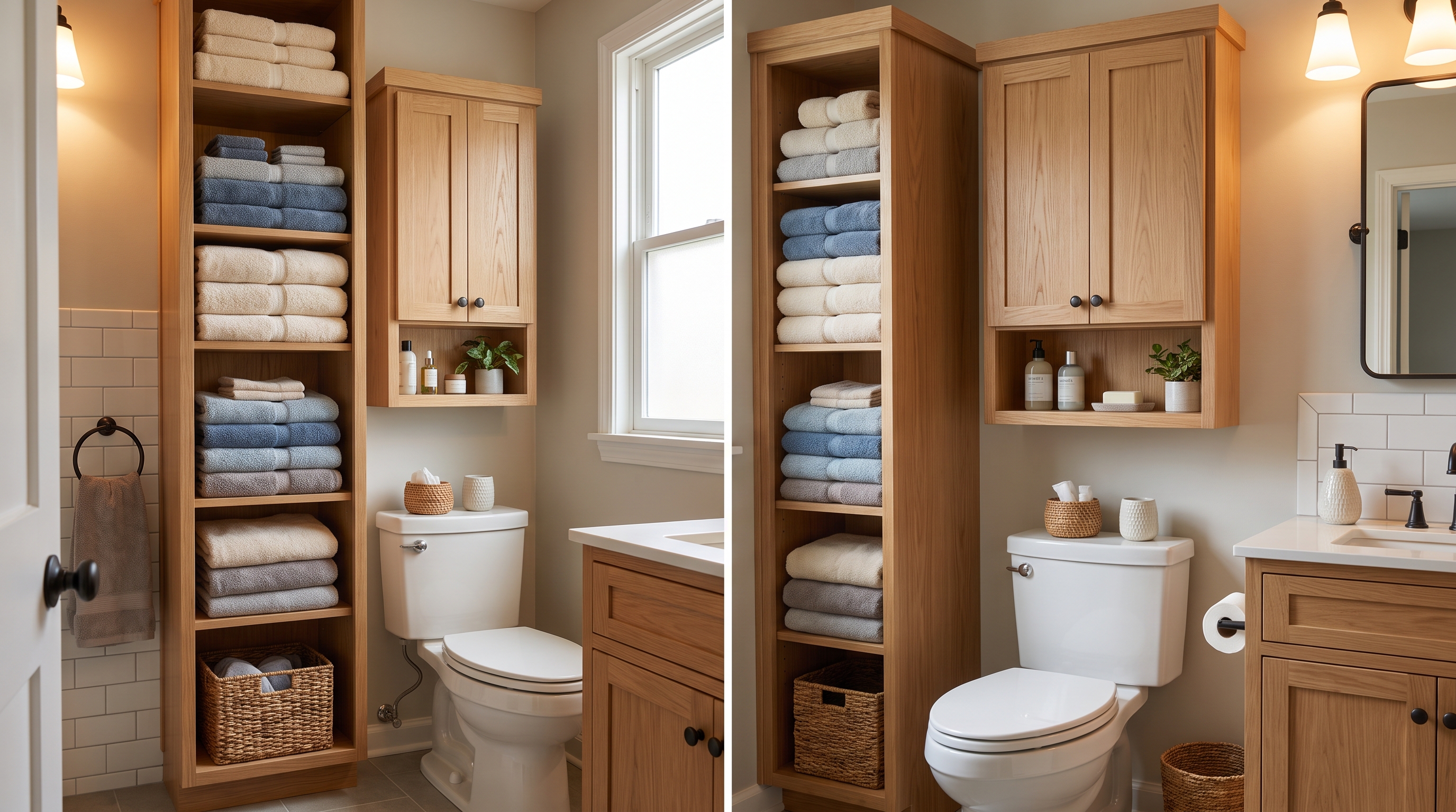 Tall narrow linen tower and over-toilet built-in cabinet maximizing vertical storage in a small bathroom