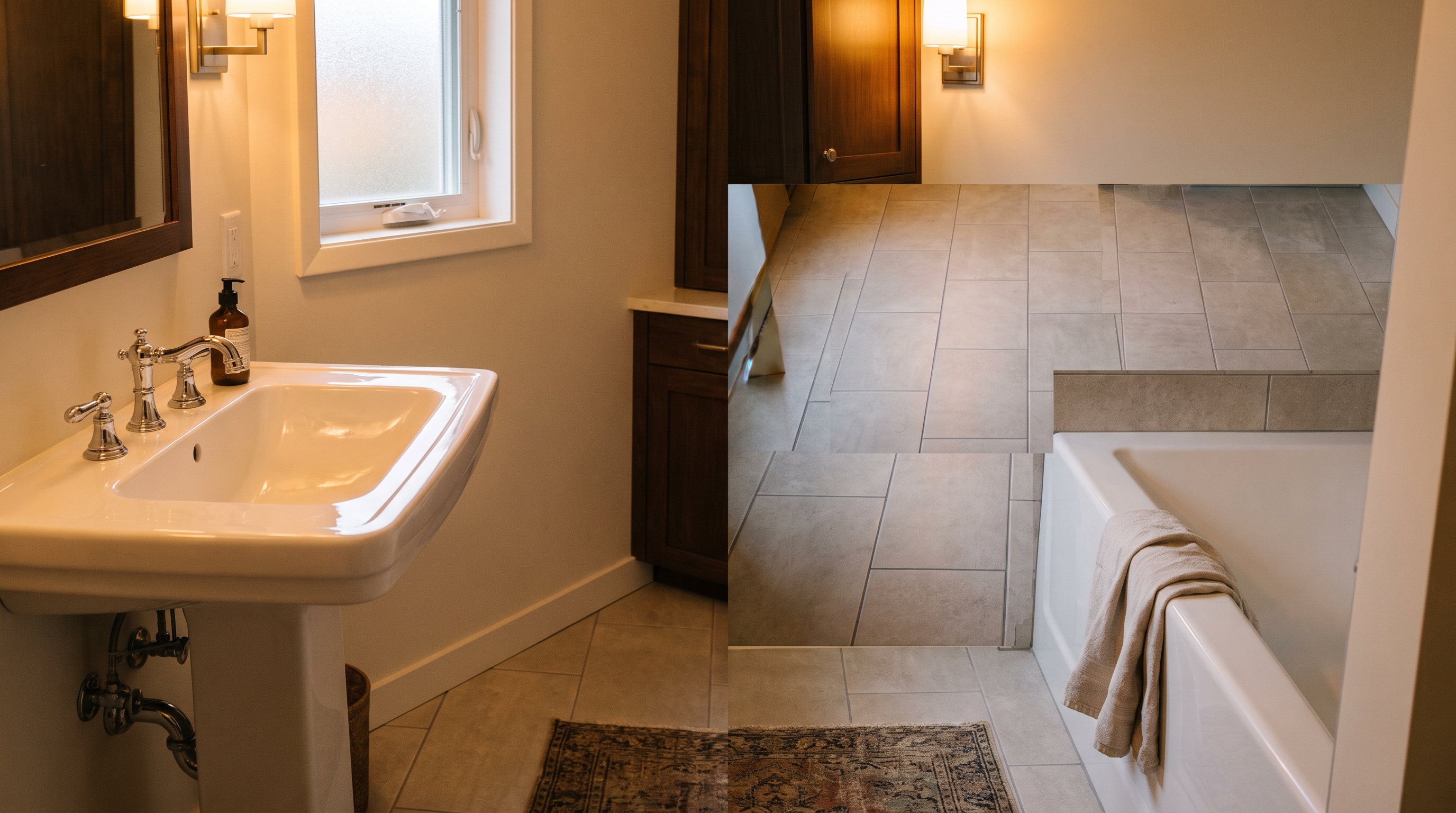 Large-format 12x24 porcelain tile bathroom floor installed in a remodeled 1962 South Hill home