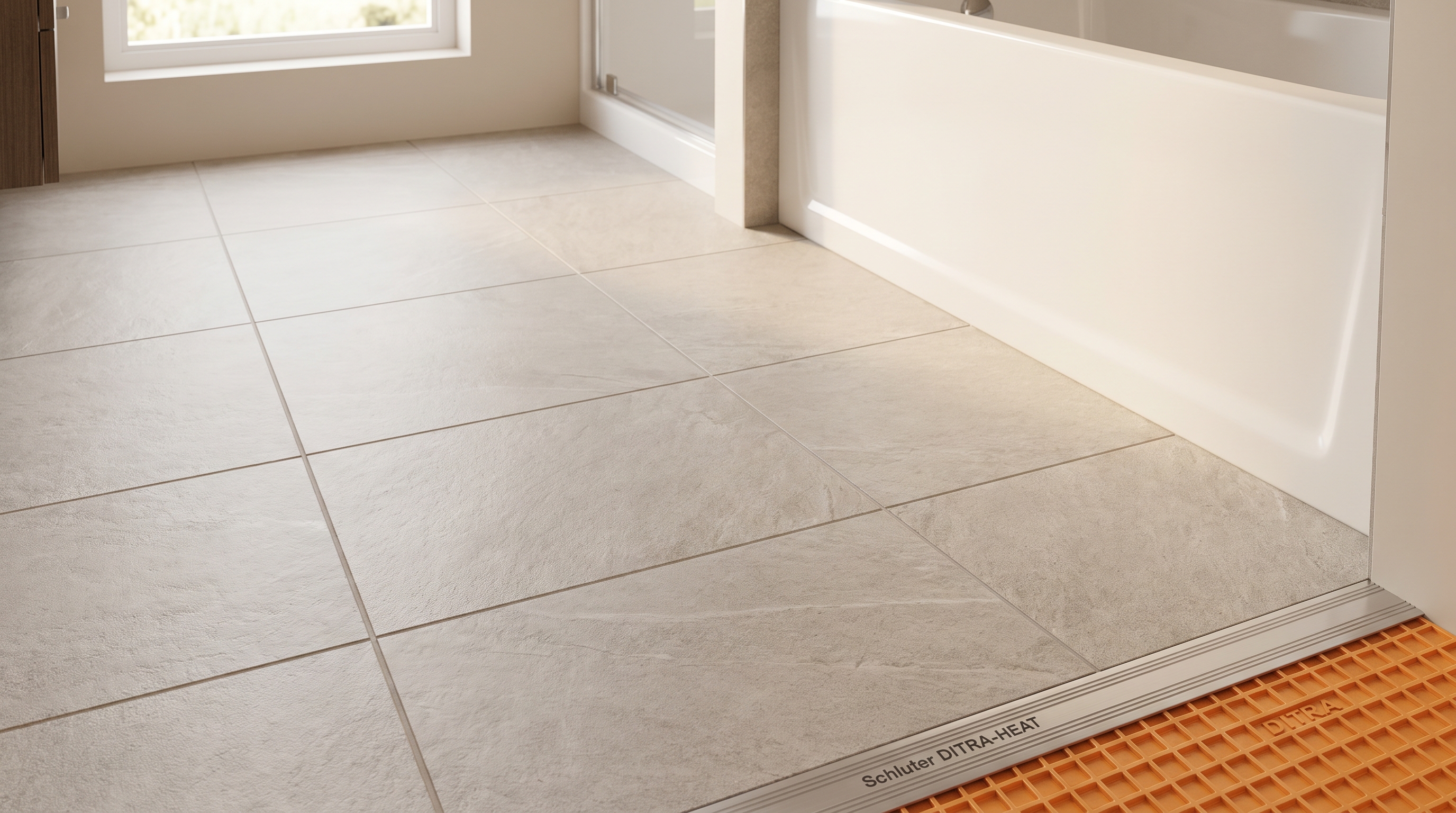 Porcelain tile bathroom floor installation showing large-format tile and grout detail