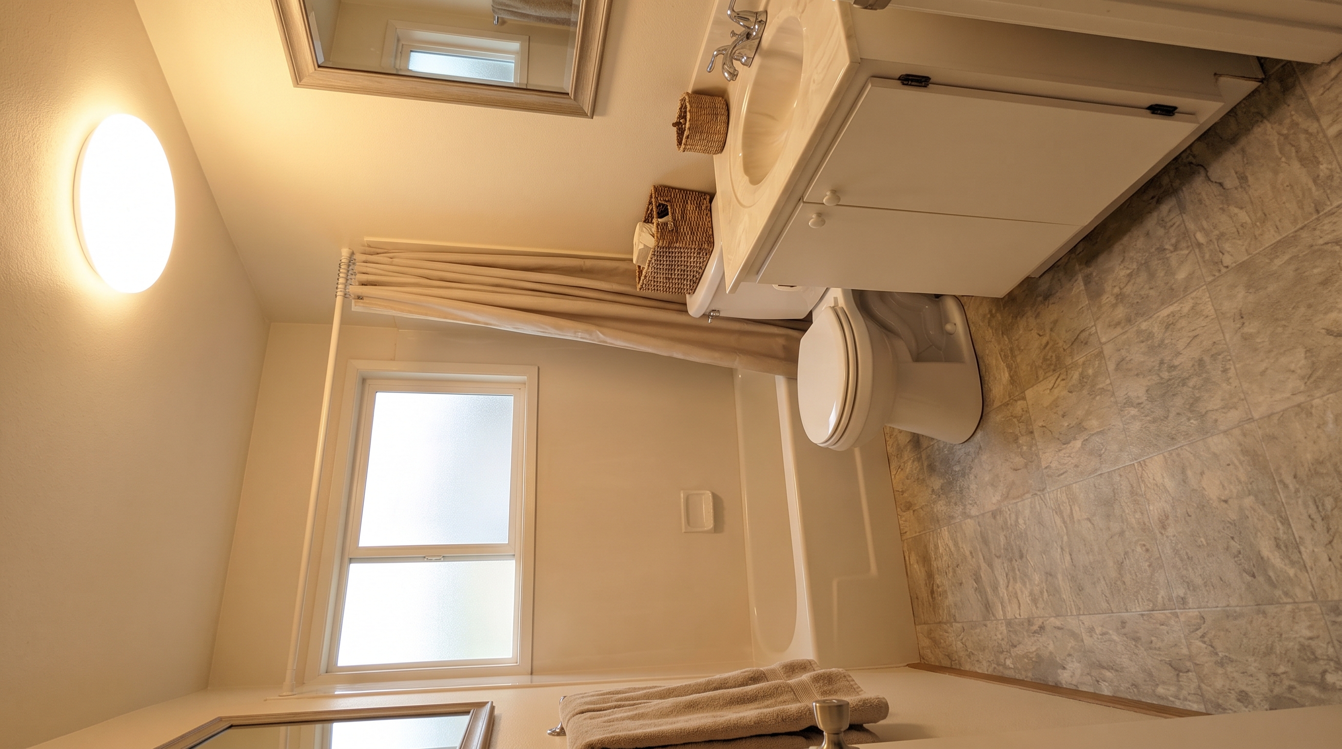 Sheet vinyl flooring in a budget bathroom remodel with a neutral stone-look pattern