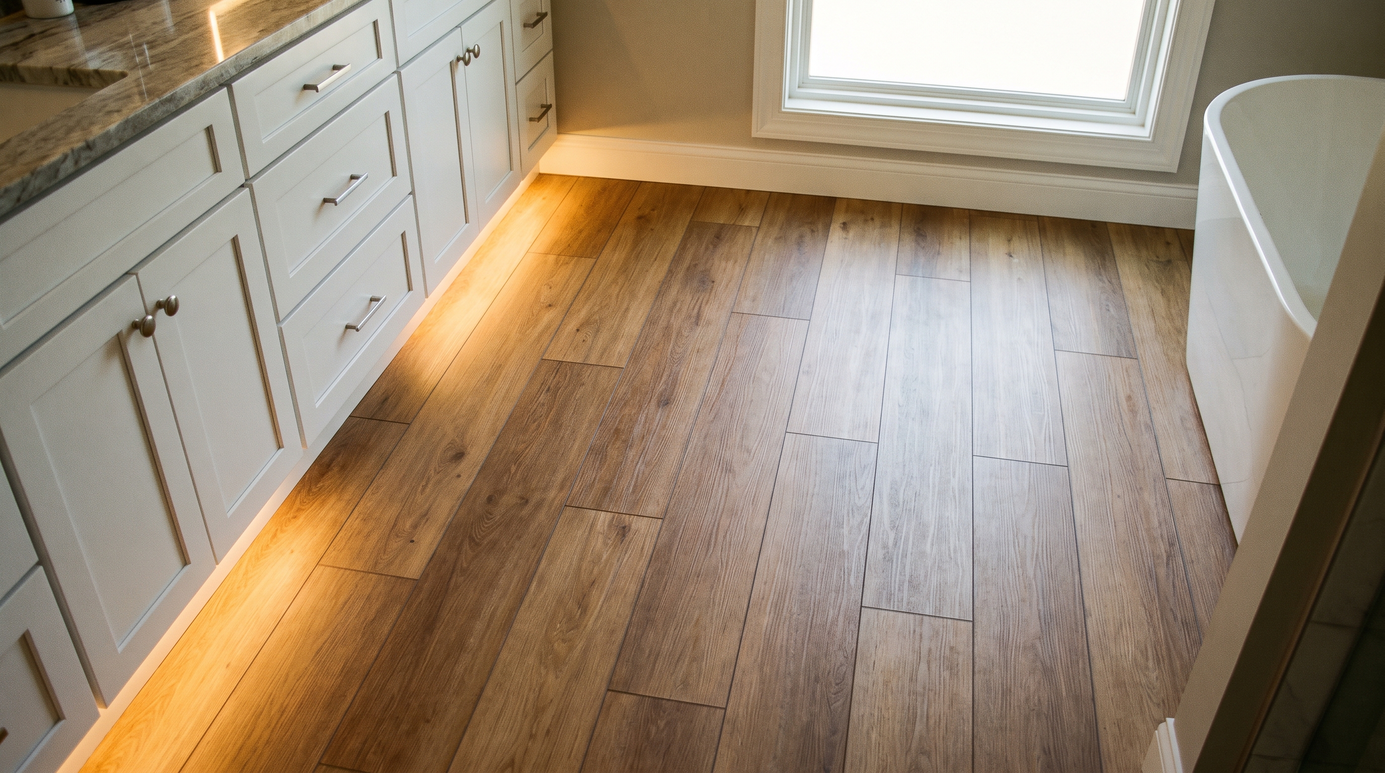 Waterproof luxury vinyl plank flooring in a warm wood tone installed in a bathroom remodel