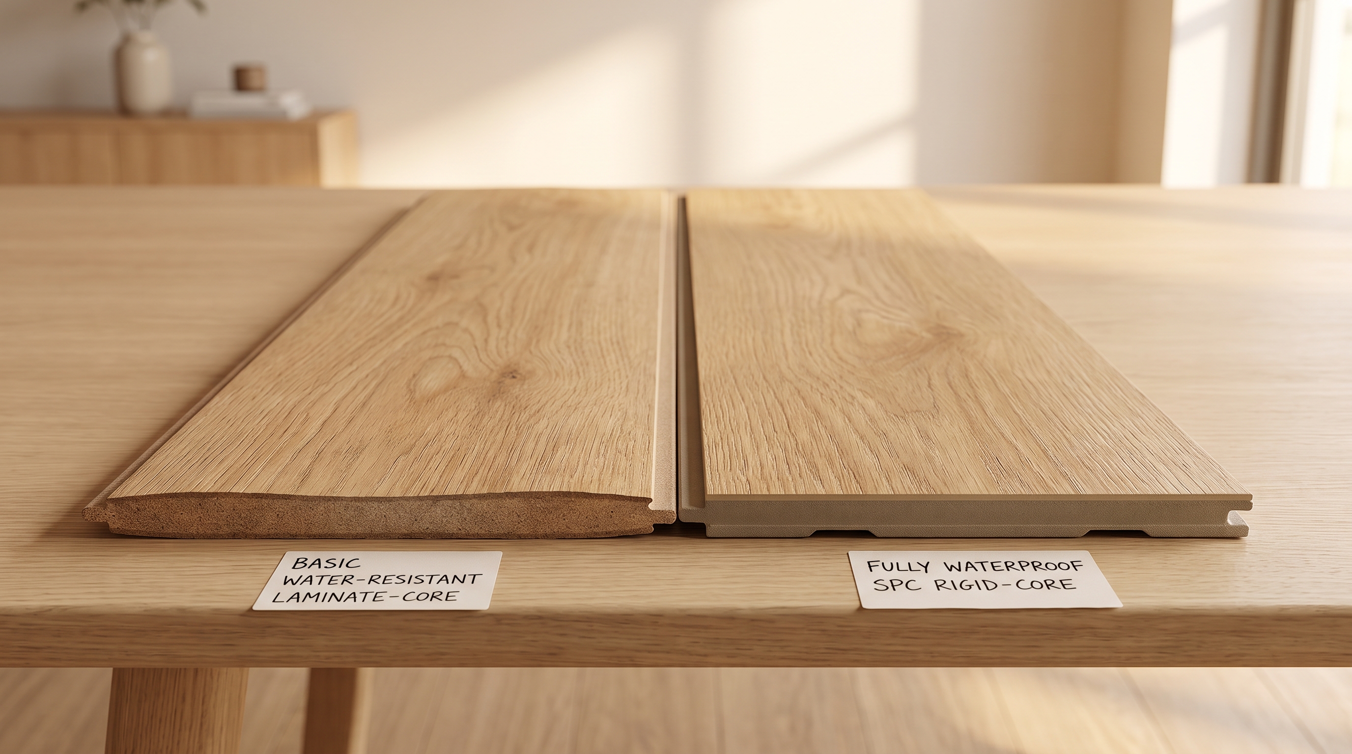 Comparison of waterproof SPC rigid-core vinyl plank versus water-resistant laminate-core plank