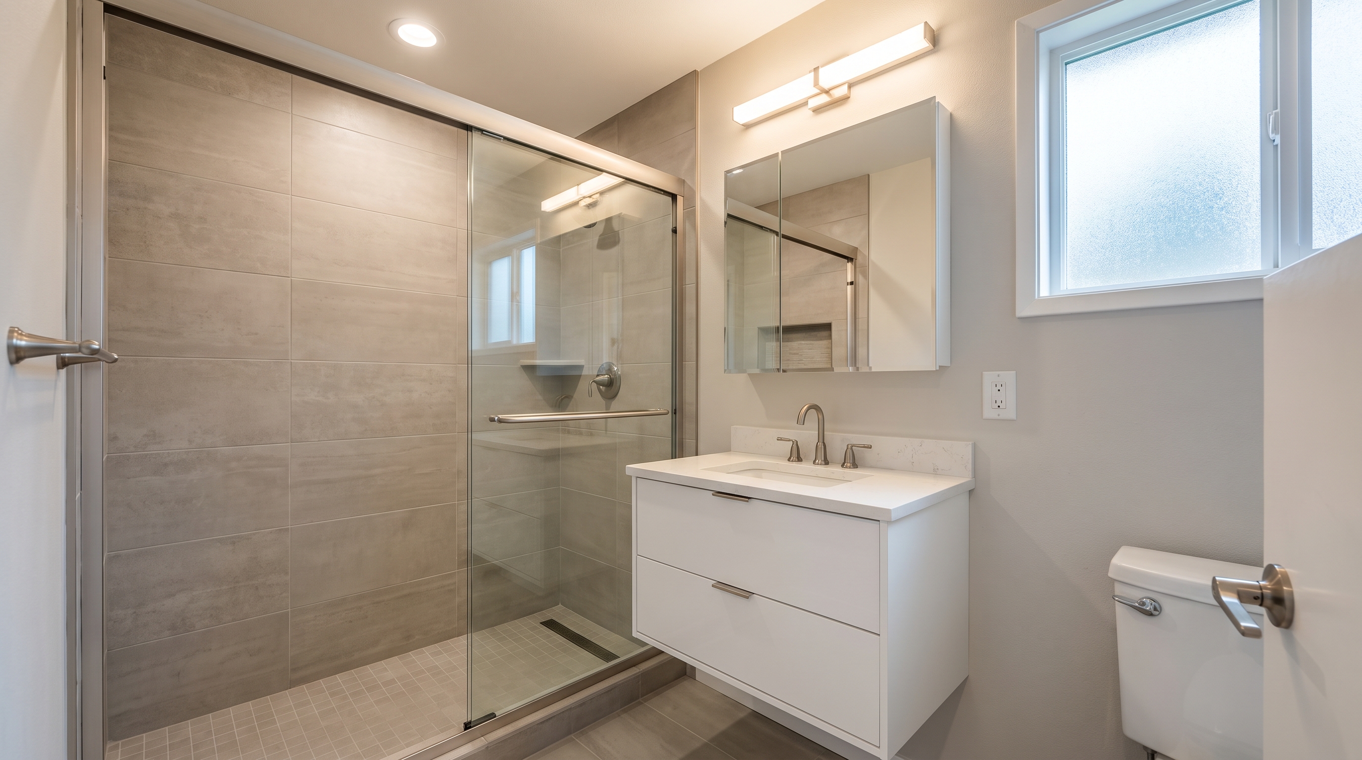 Finished 5x7 Bonney Lake bathroom remodel with walk-in shower, greige tile, and floating vanity