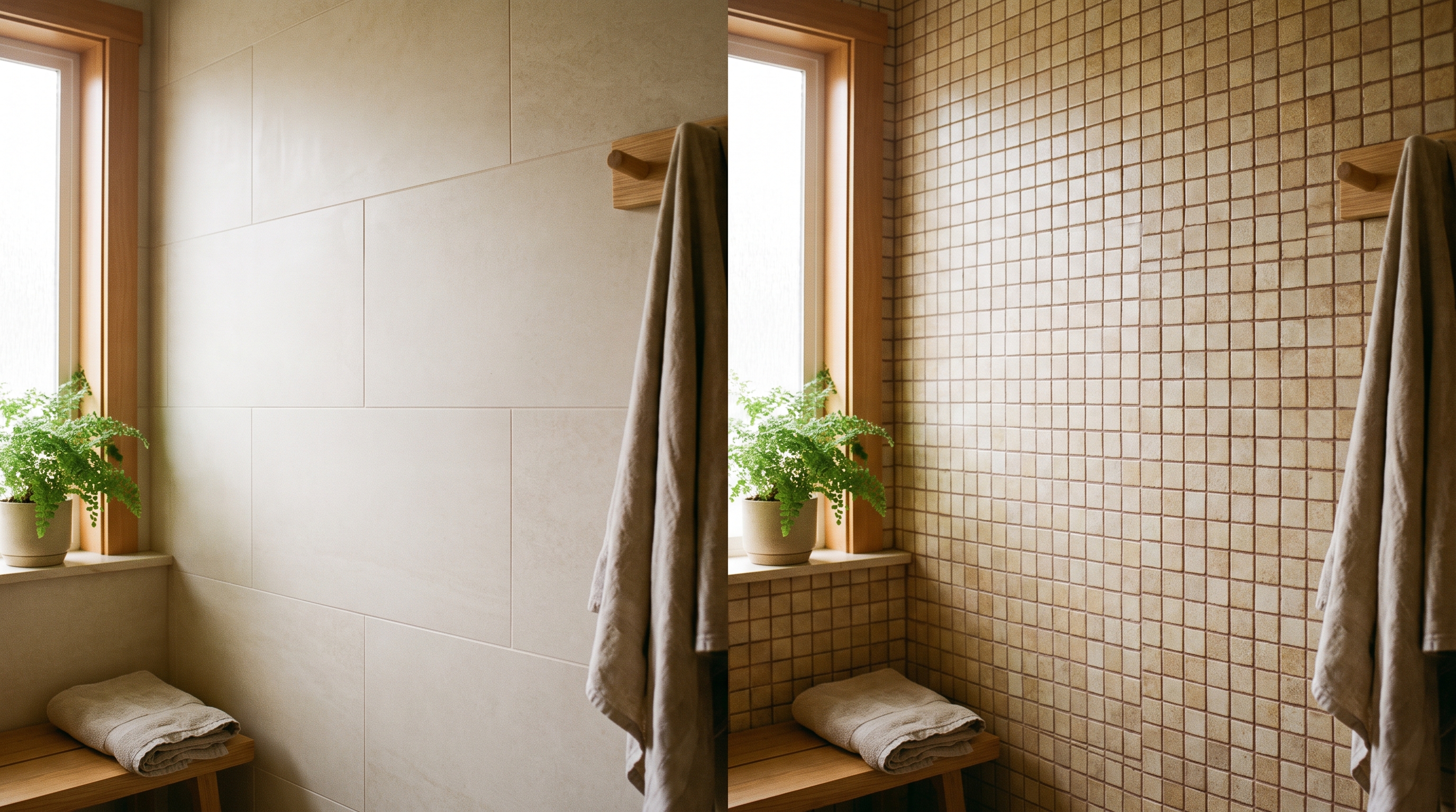 Large-format 12x24 porcelain tile with matching grout versus busy small mosaic tile grid