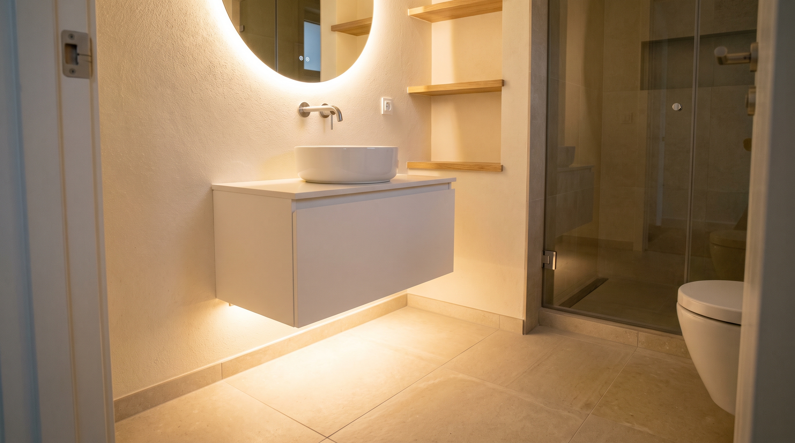 Floating bathroom vanity with visible floor space underneath to open up a small room