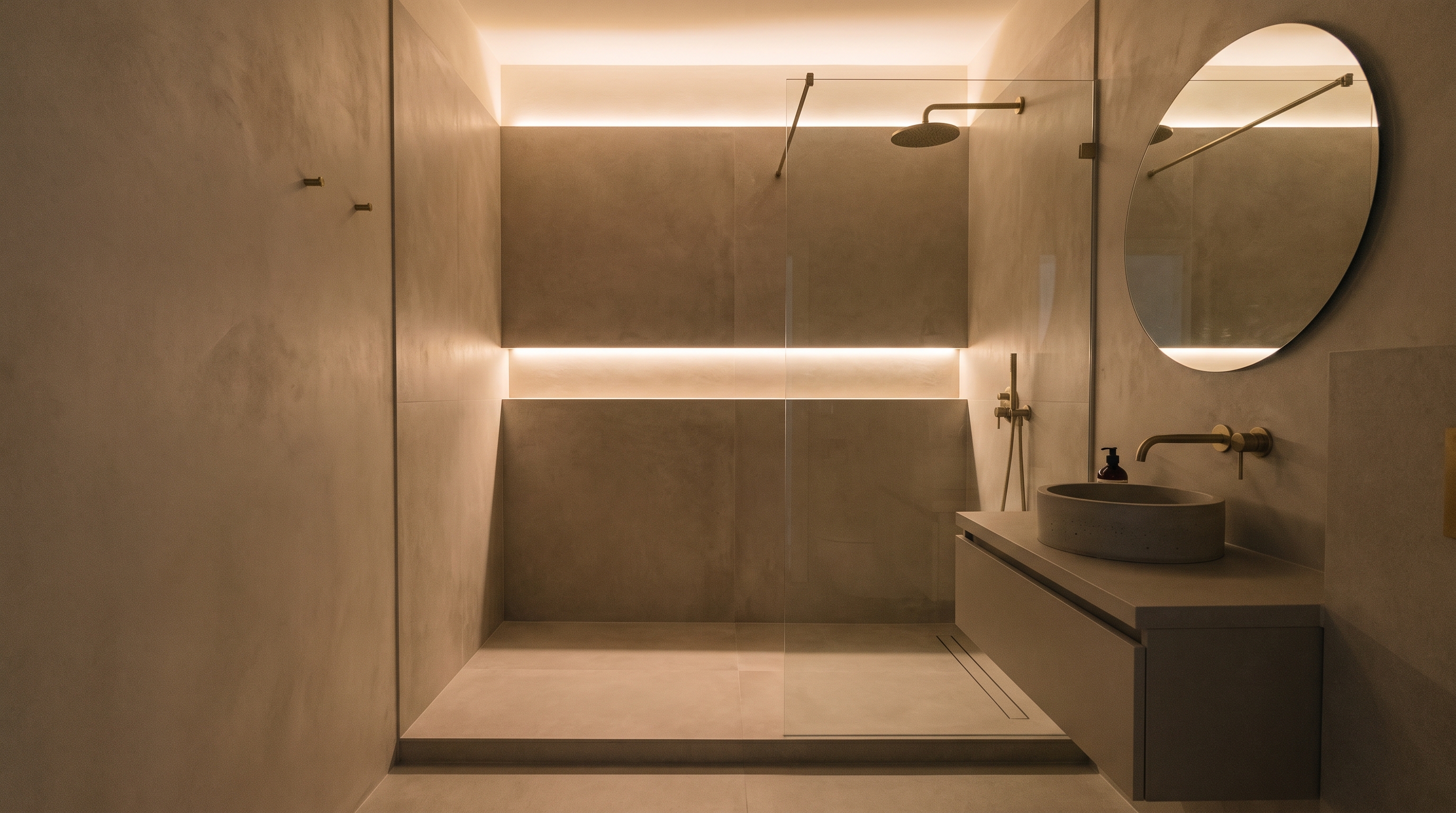 Small bathroom finished in one warm greige tone across walls, tile, and vanity