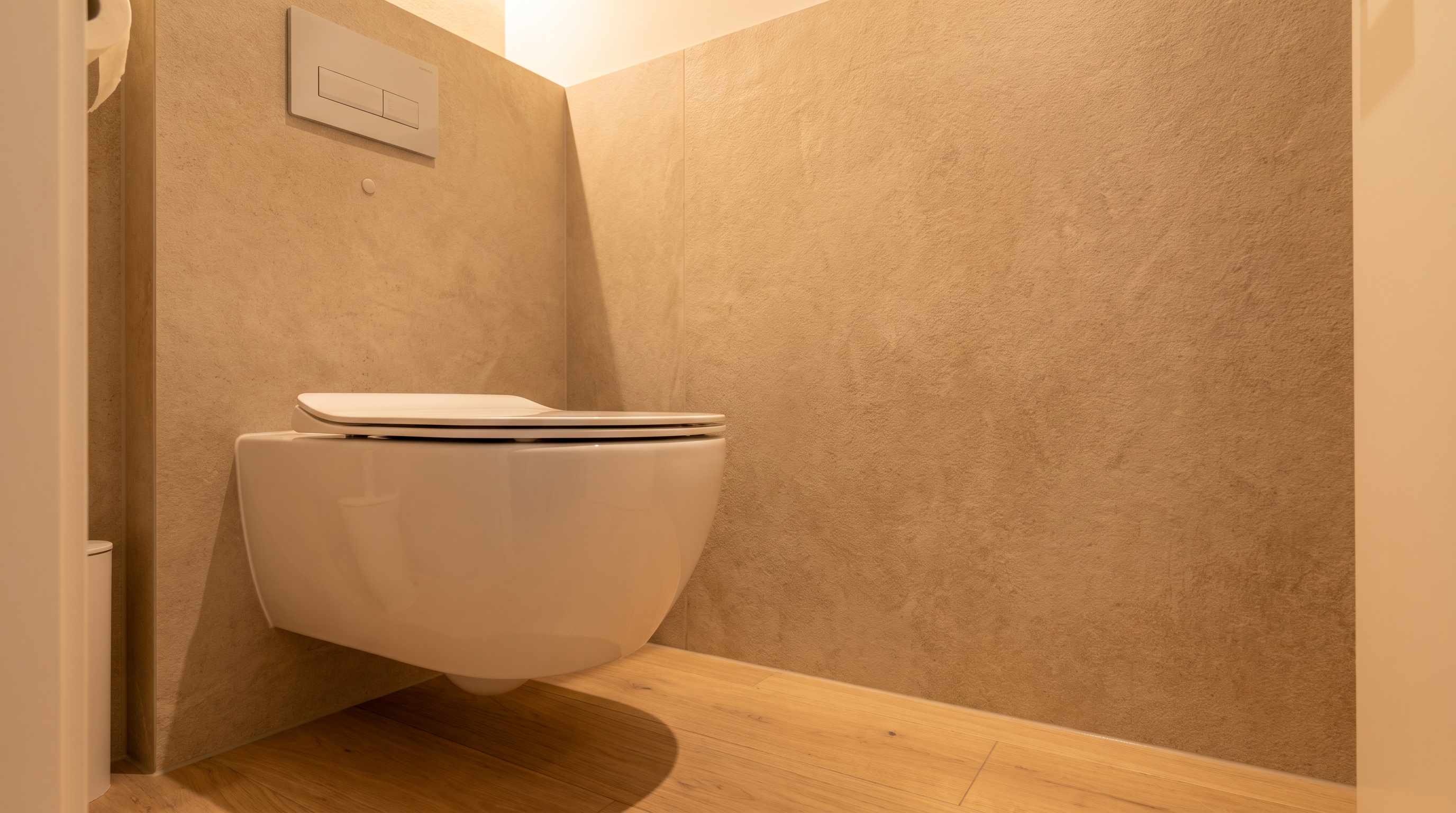 Wall-hung toilet with in-wall tank showing open floor space in a small bathroom