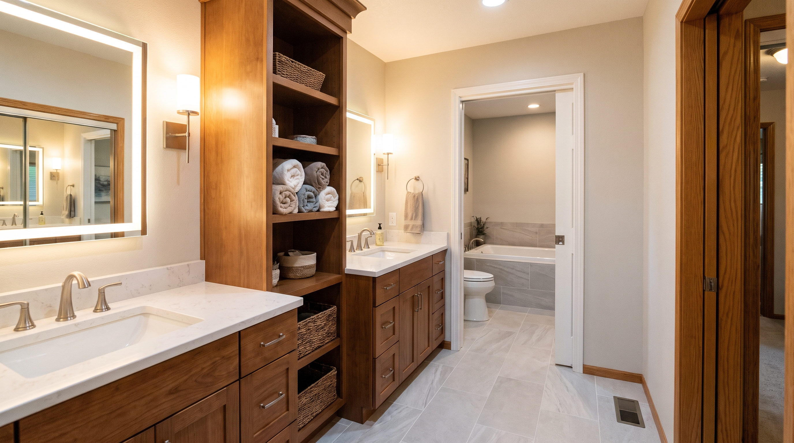 Completed South Hill jack and jill remodel with pocket door, dual vanities, and porcelain tile