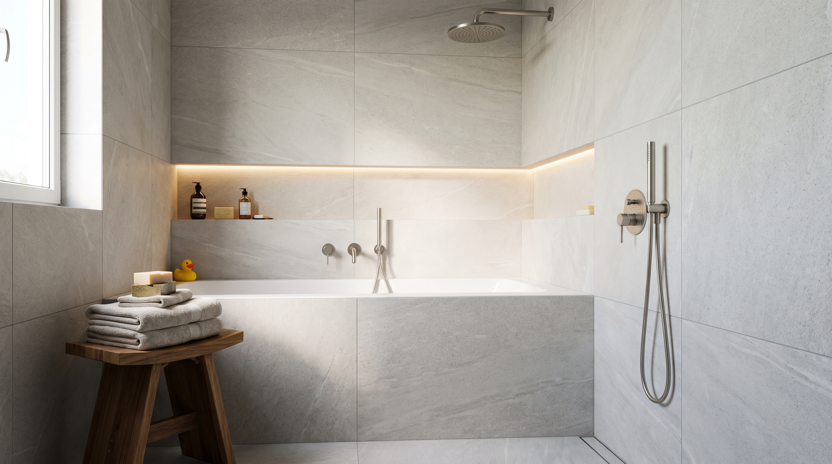 Large-format porcelain tile shower and tub surround with slip-resistant flooring