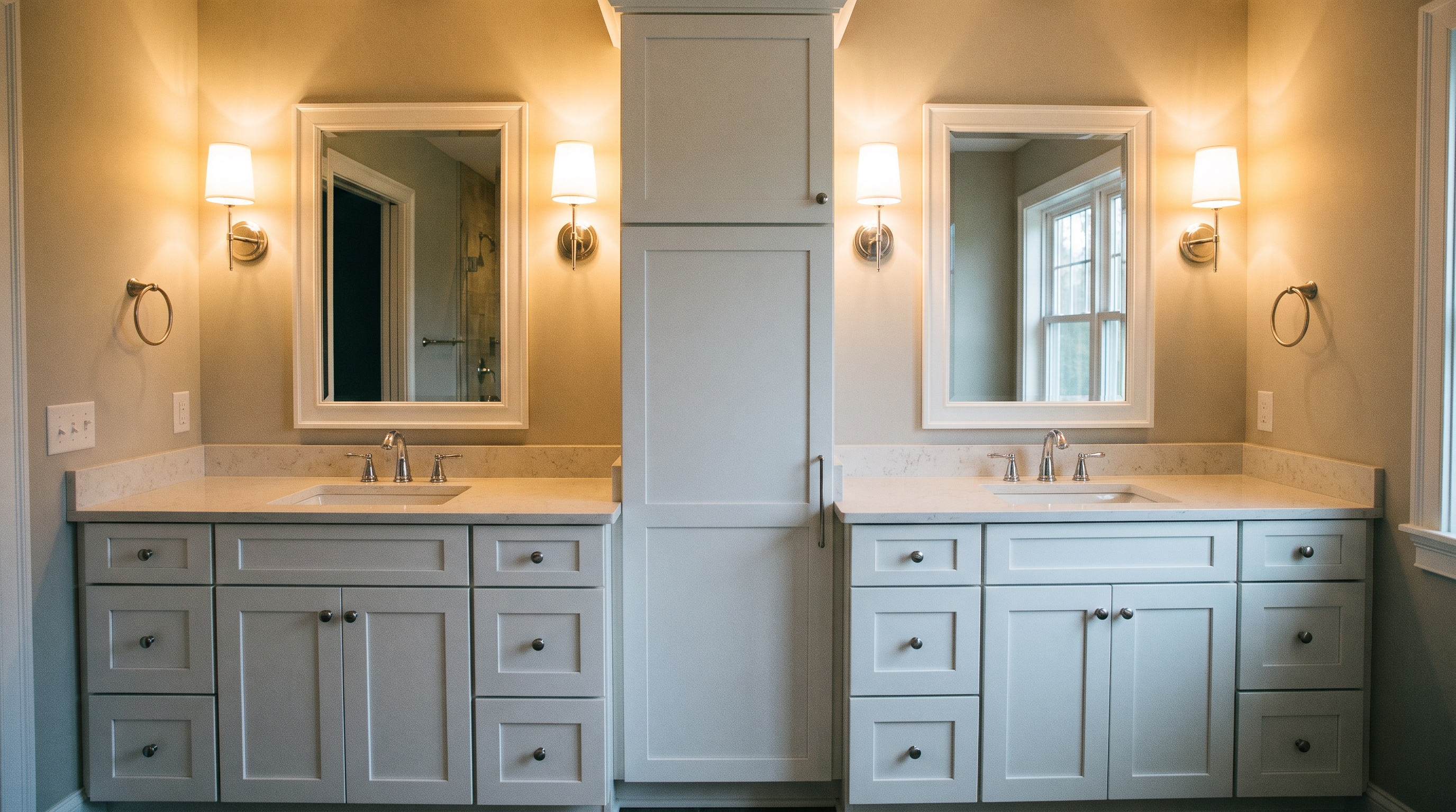 Two separate single-sink vanities with a center storage tower in a shared bathroom