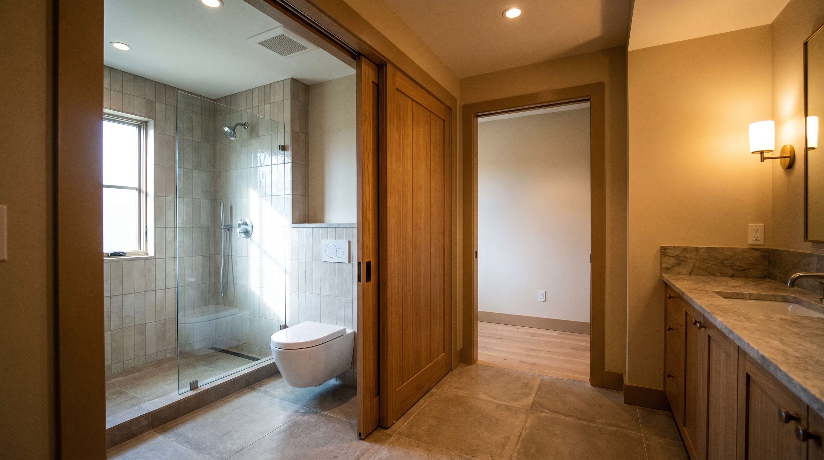 Pocket door partition wall separating the wet zone from the shared vanity area