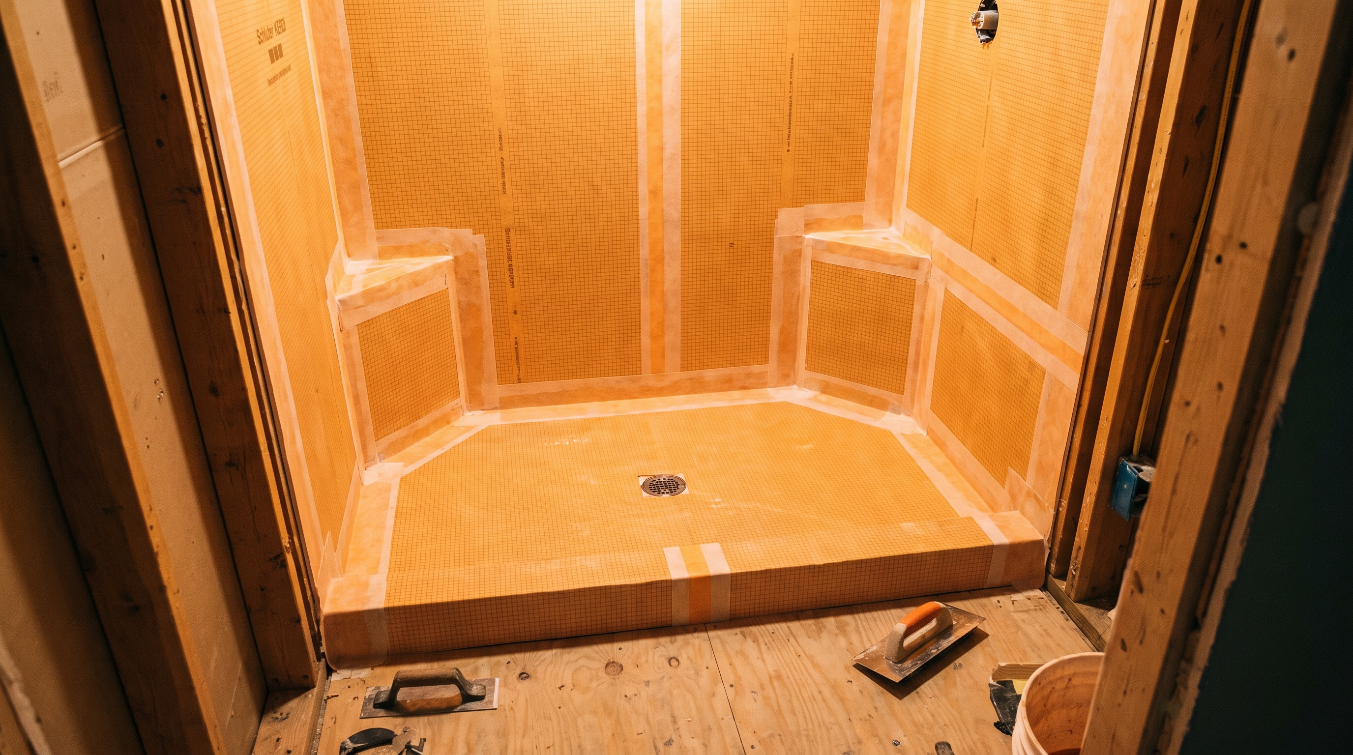 Schluter KERDI waterproof membrane and sloped shower pan installed before tile in a bathroom remodel