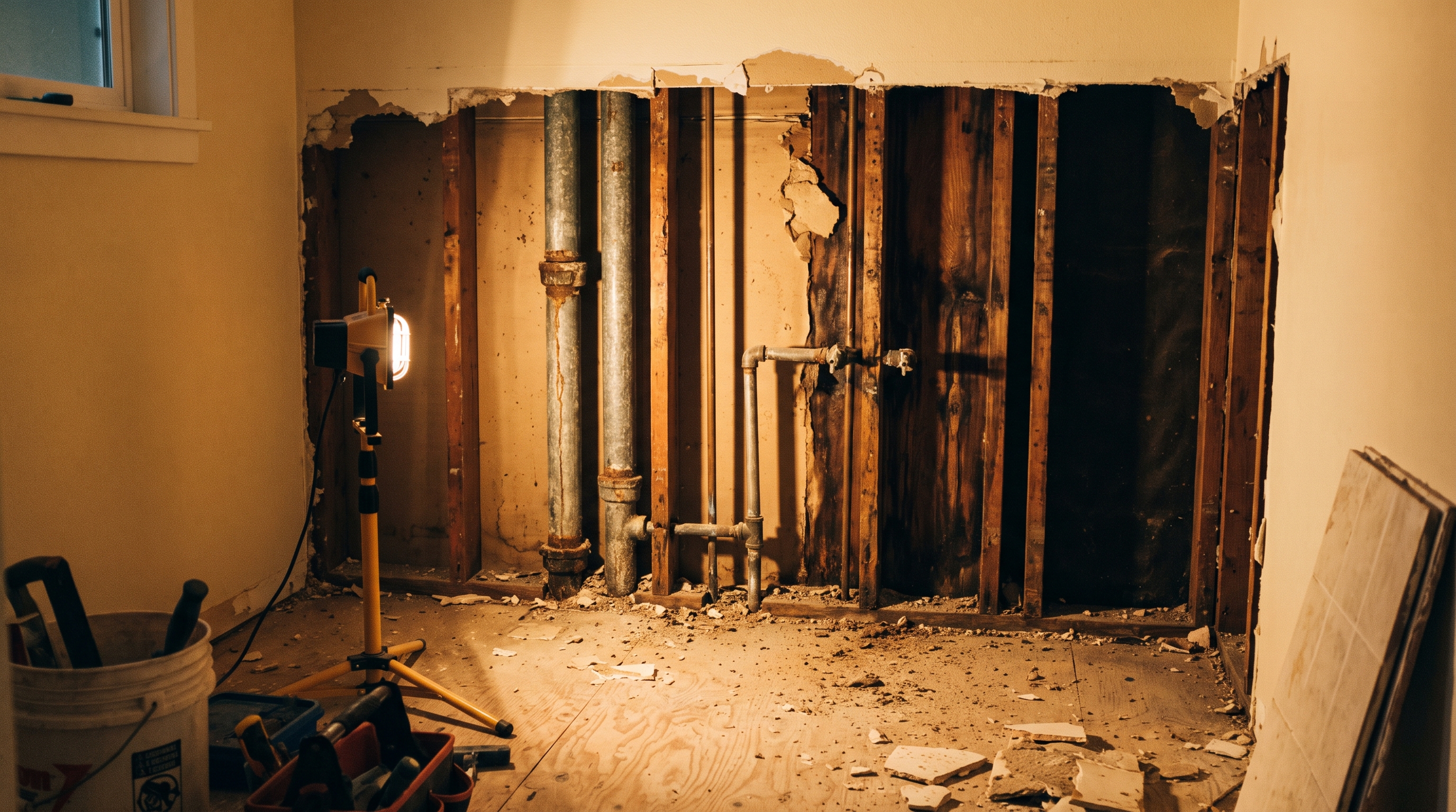 Exposed wall cavity in older Puyallup home showing corroded galvanized pipes and aged framing