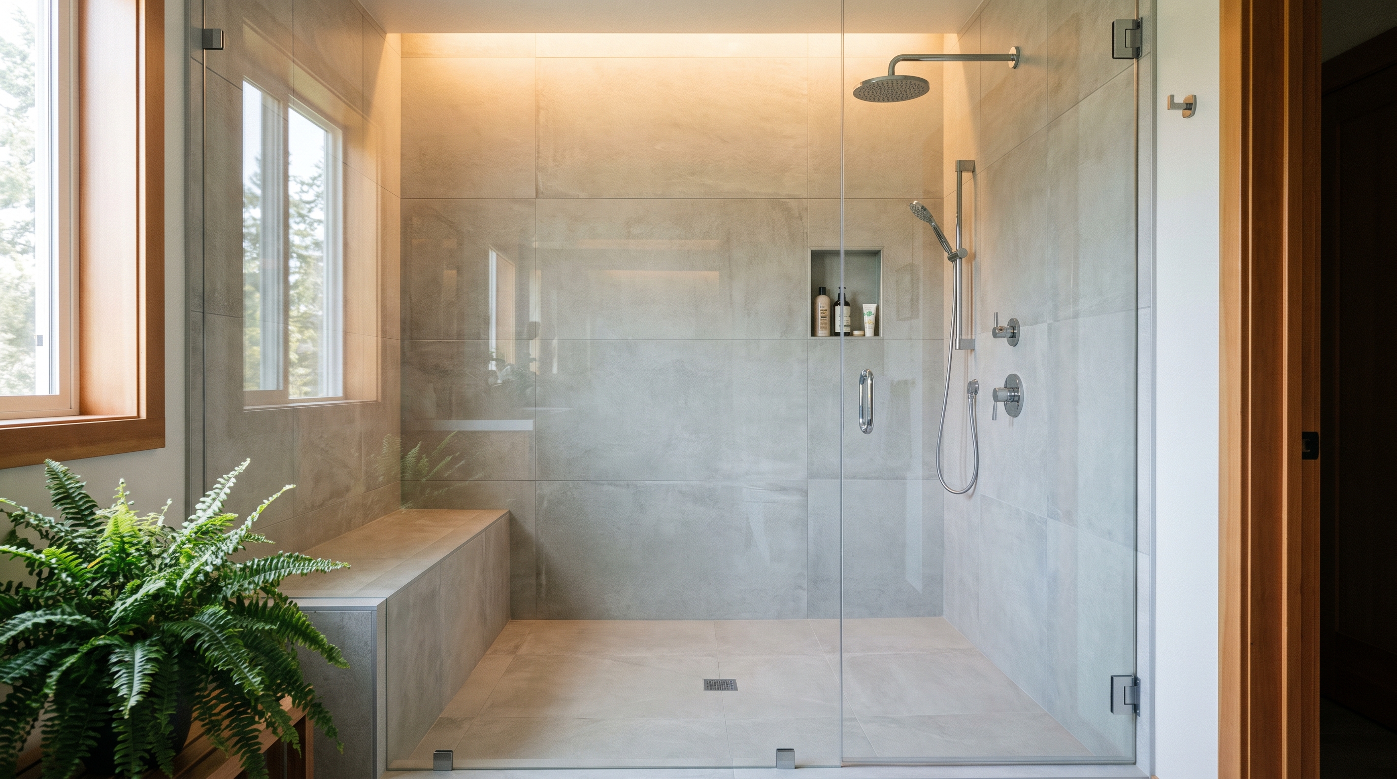 Spacious 60 by 60 inch walk-in tile shower with glass panel and built-in bench in remodeled bathroom