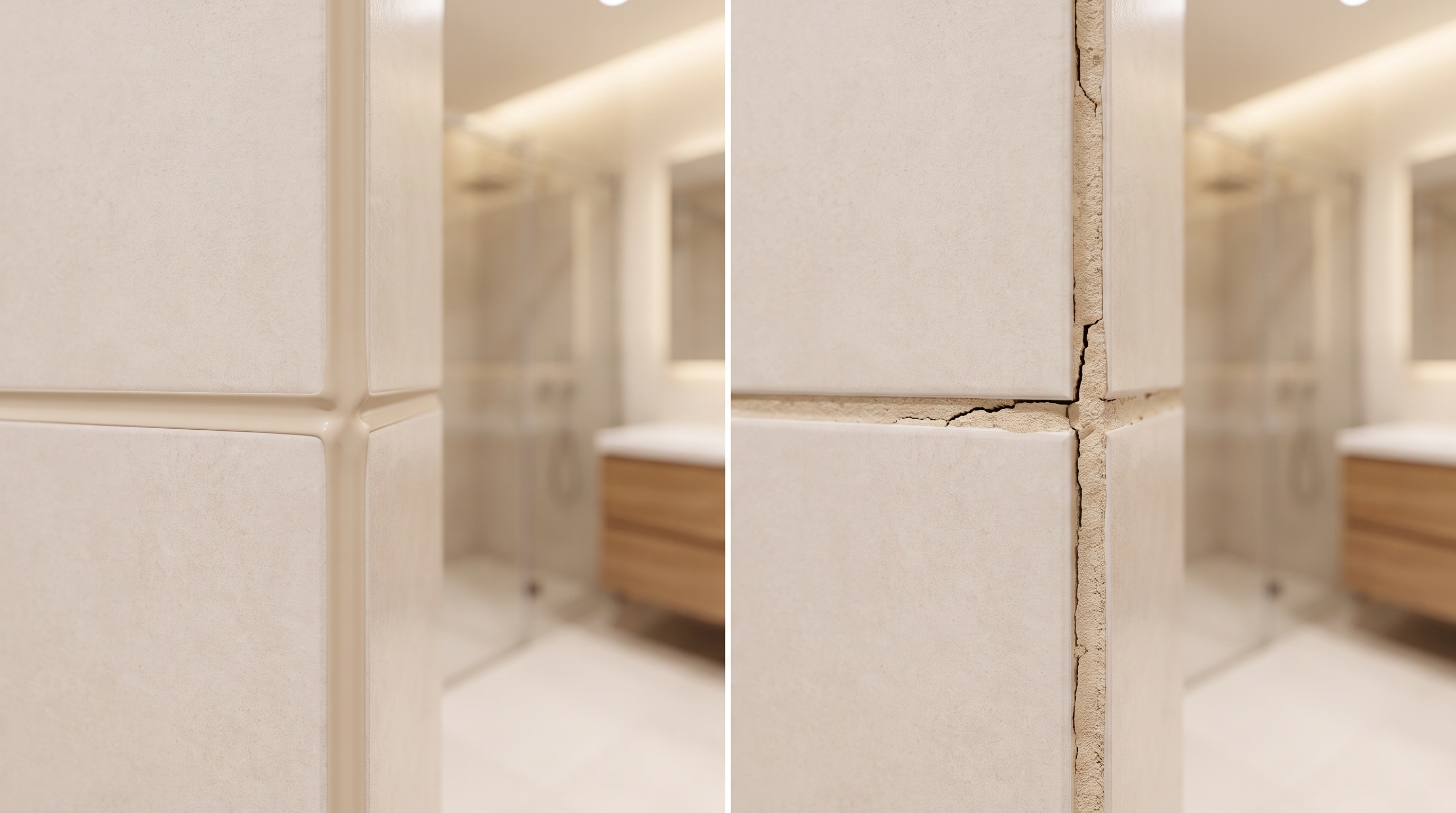 Comparison of flexible silicone caulk versus cracked grout at a shower corner movement joint
