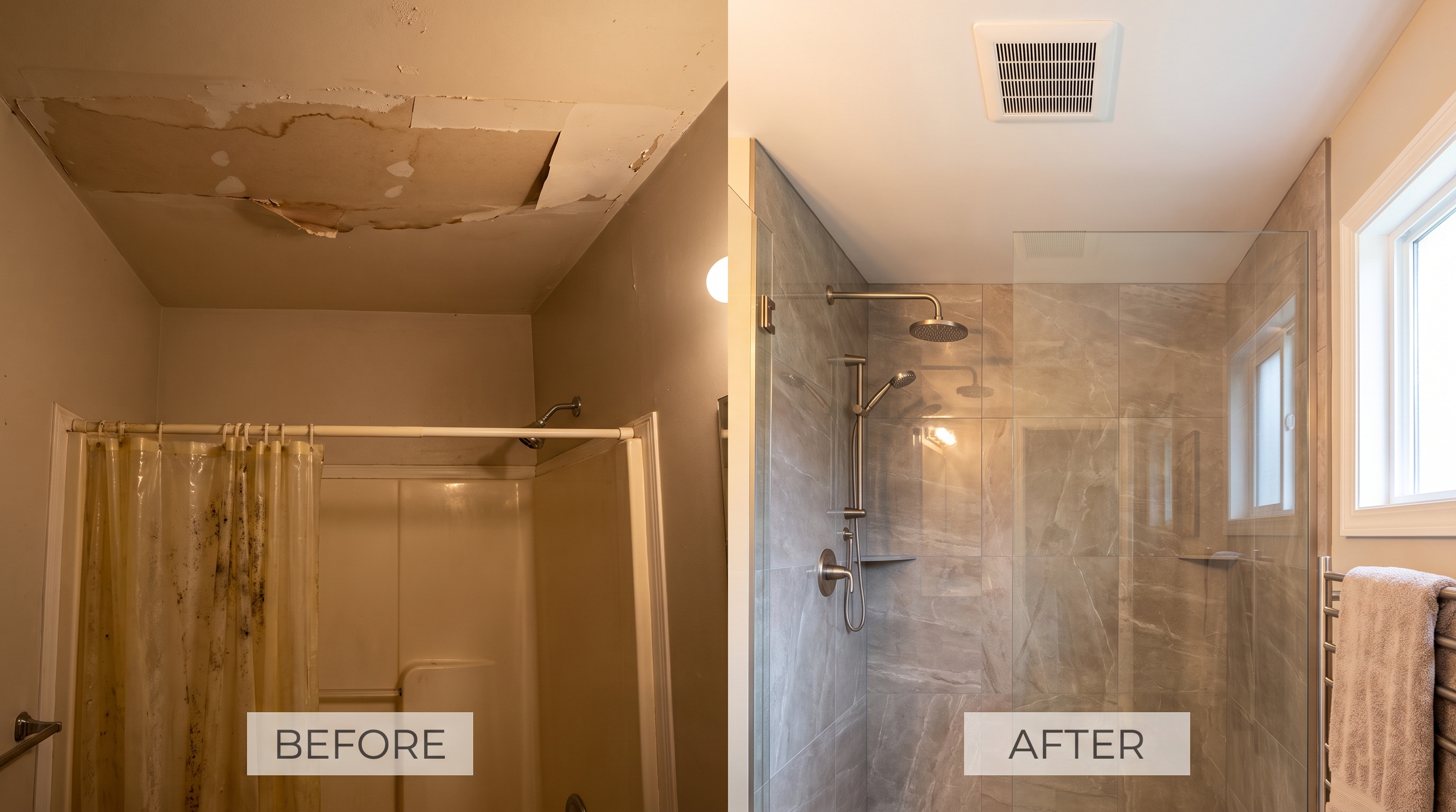 Before and after photos of a Bonney Lake bathroom shower rebuild fixing a failed waterproofing job