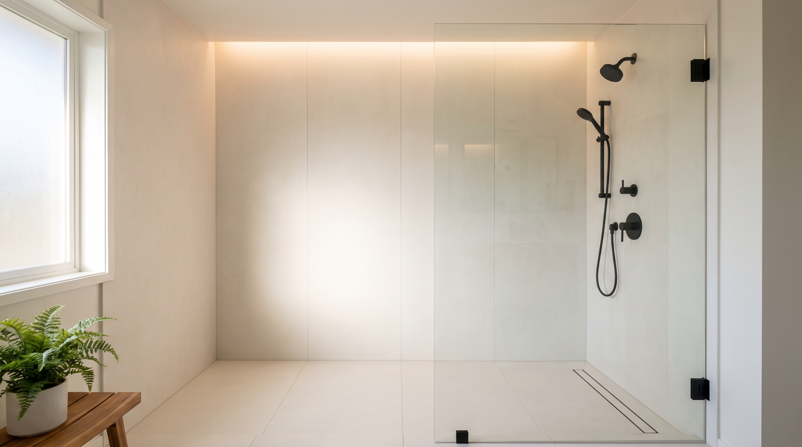 Large-format porcelain shower walls with minimal grout lines in a Puyallup bathroom remodel