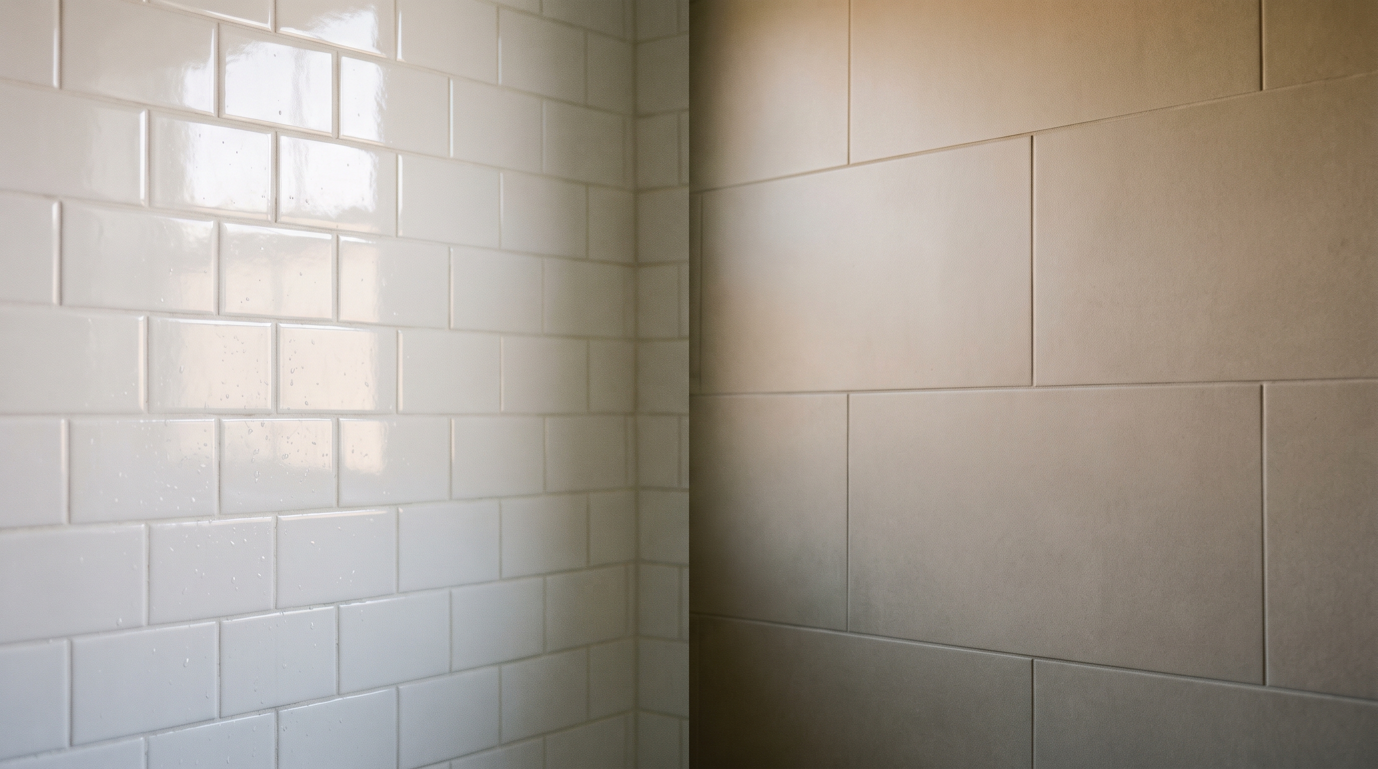 Comparison of glossy white subway tile versus warm matte greige tile with color-matched grout