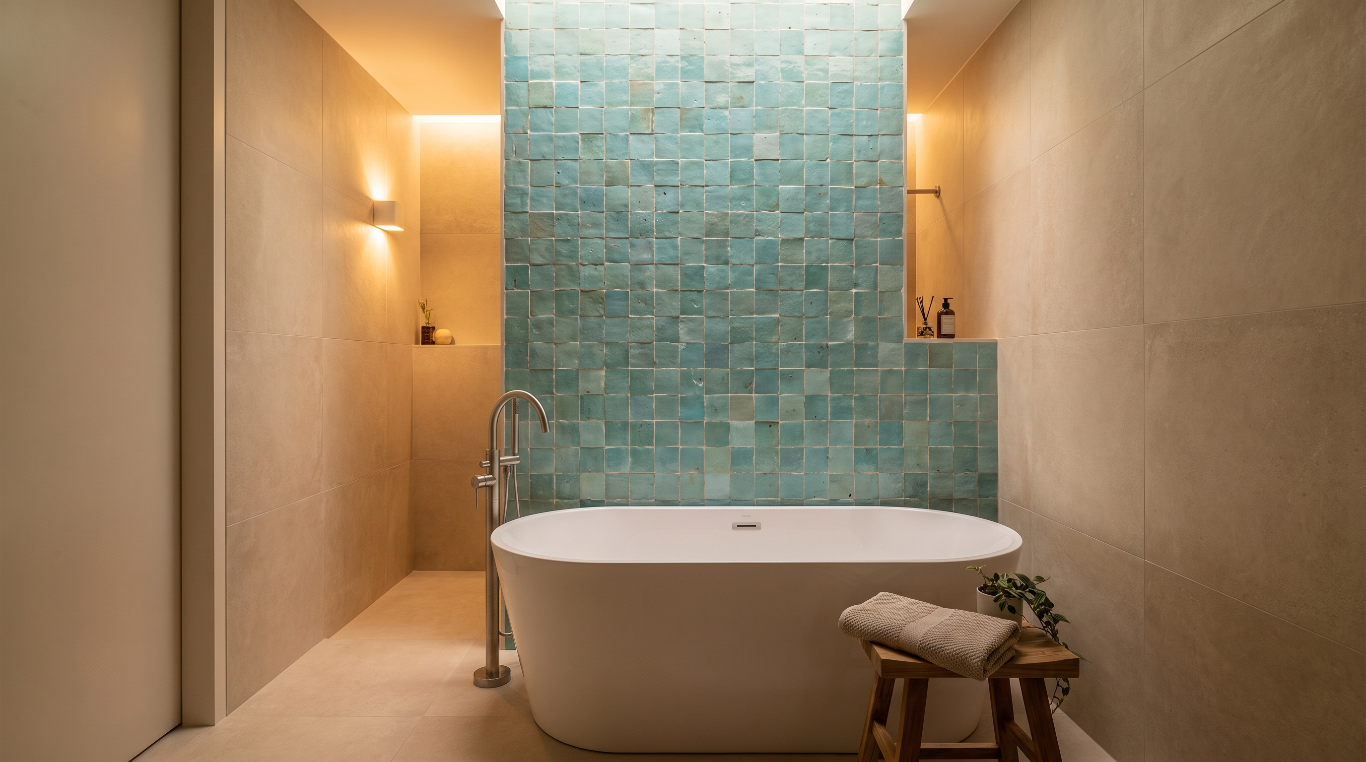 Zellige accent wall behind a freestanding tub paired with simple large-format field tile