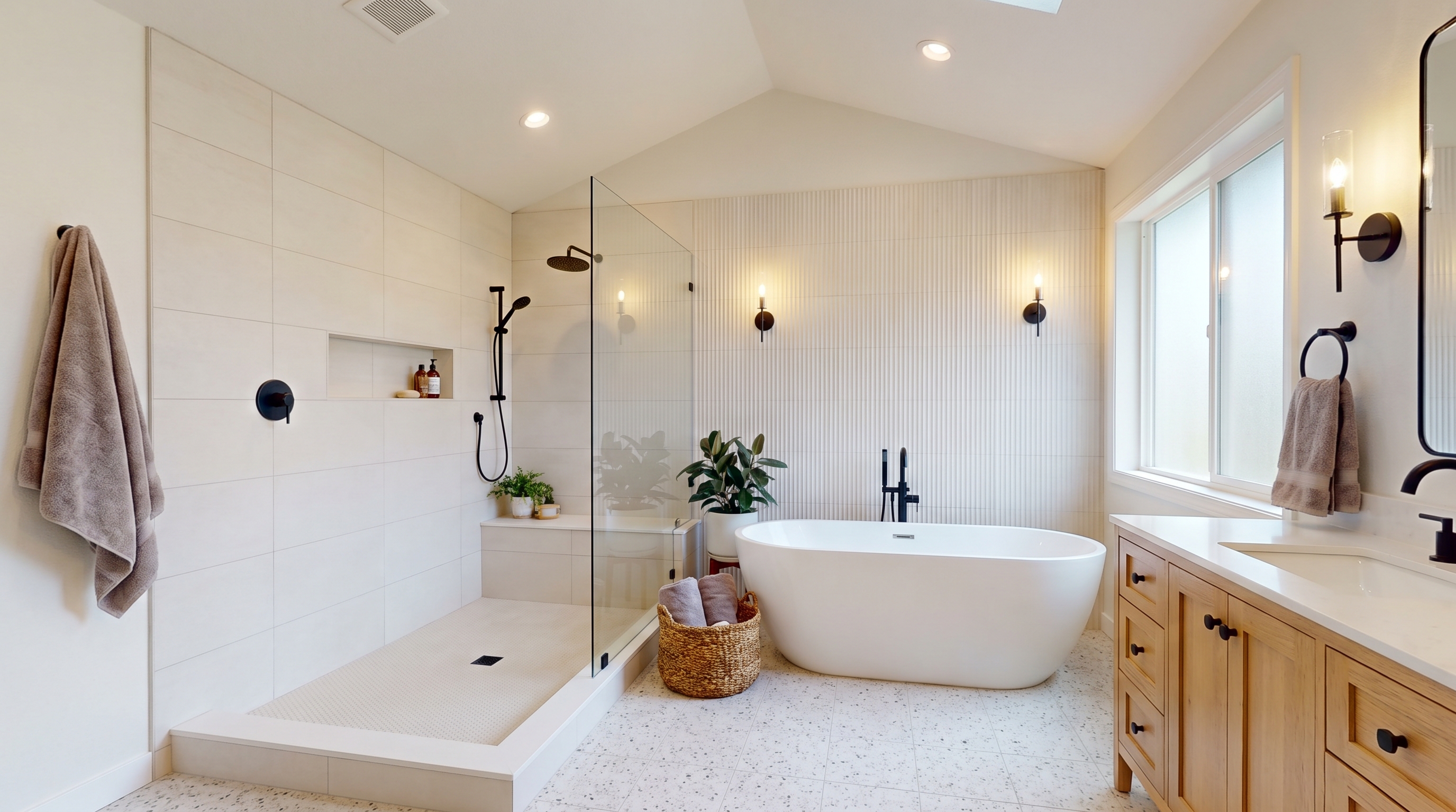 Finished Bonney Lake primary bathroom remodel with large-format porcelain and fluted accent wall